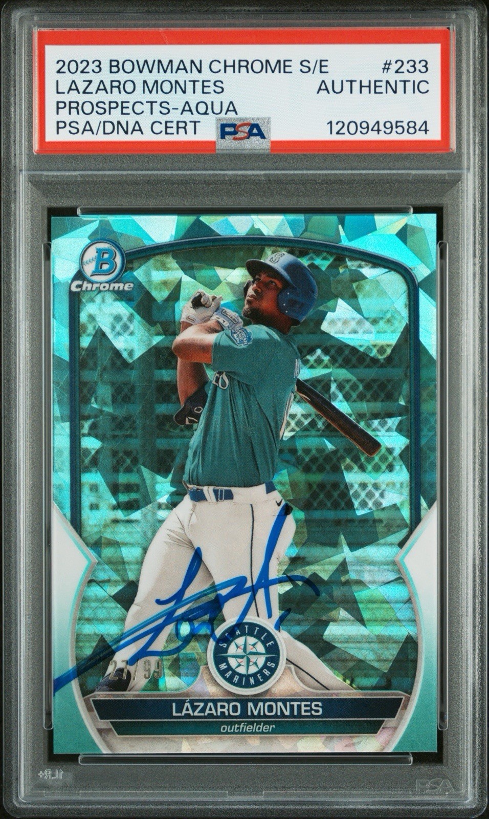 Lazaro Montes Signed 2023 Bowman Chrome Sapphire Aqua /99 PSA Authentic POP 1 Lazaro Montes Signed 2023 Bowman Chrome Sapphire Aqua /99 PSA Authentic POP 1