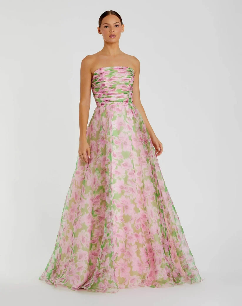Mac Duggal Pink Green Multi Strapless Floral Chiffon Ruched Gown Size 12 $598 Mac Duggal Pink Green Multi Strapless Floral Chiffon Ruched Gown Size 12 $598