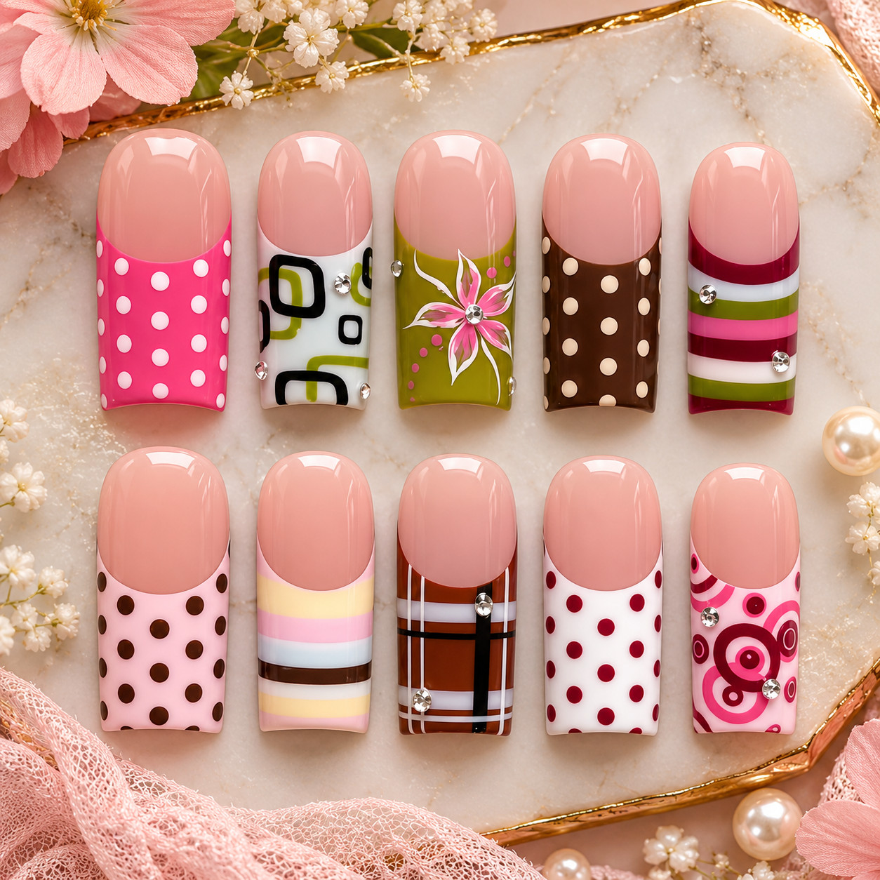 10Pcs Pink Press On Nails Short Glossy Polka Dot Floral Nail Art Set 10Pcs Pink Press On Nails Short Glossy Polka Dot Floral Nail Art Set