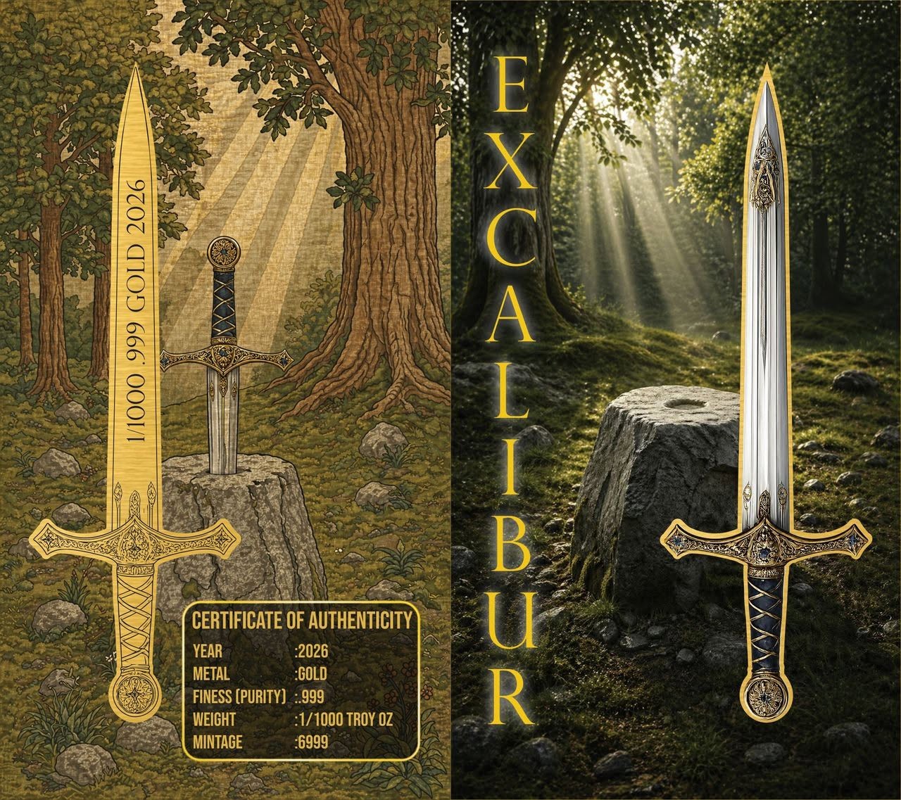 **PRESALE** 2026  1/1000 oz Gold Excalibur Sword Coin in Card 6999 Mintage