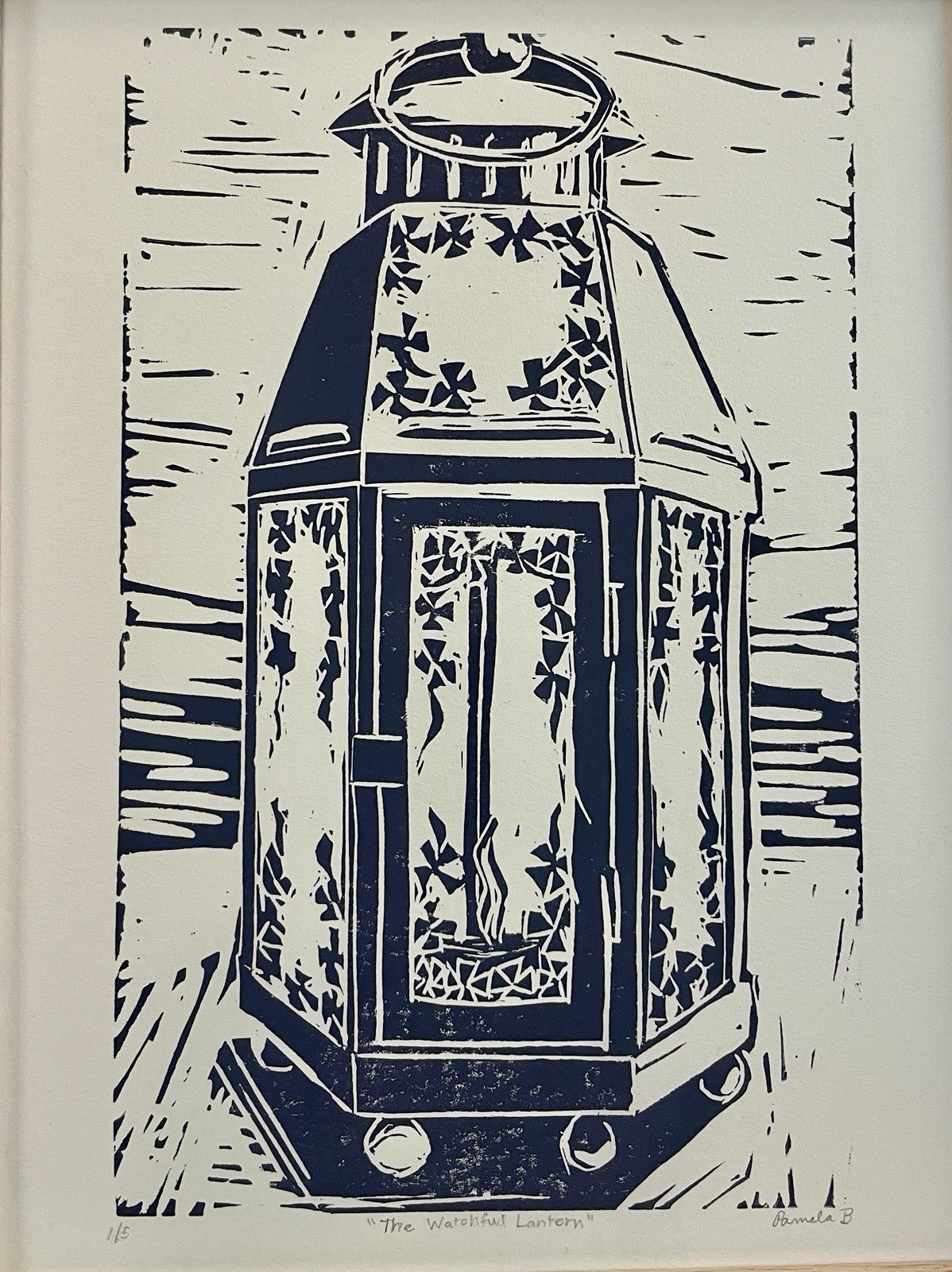 The Watchful Lantern – Framed Linocut Print 7x9 Handmade Rustic Cottage Wall Art
