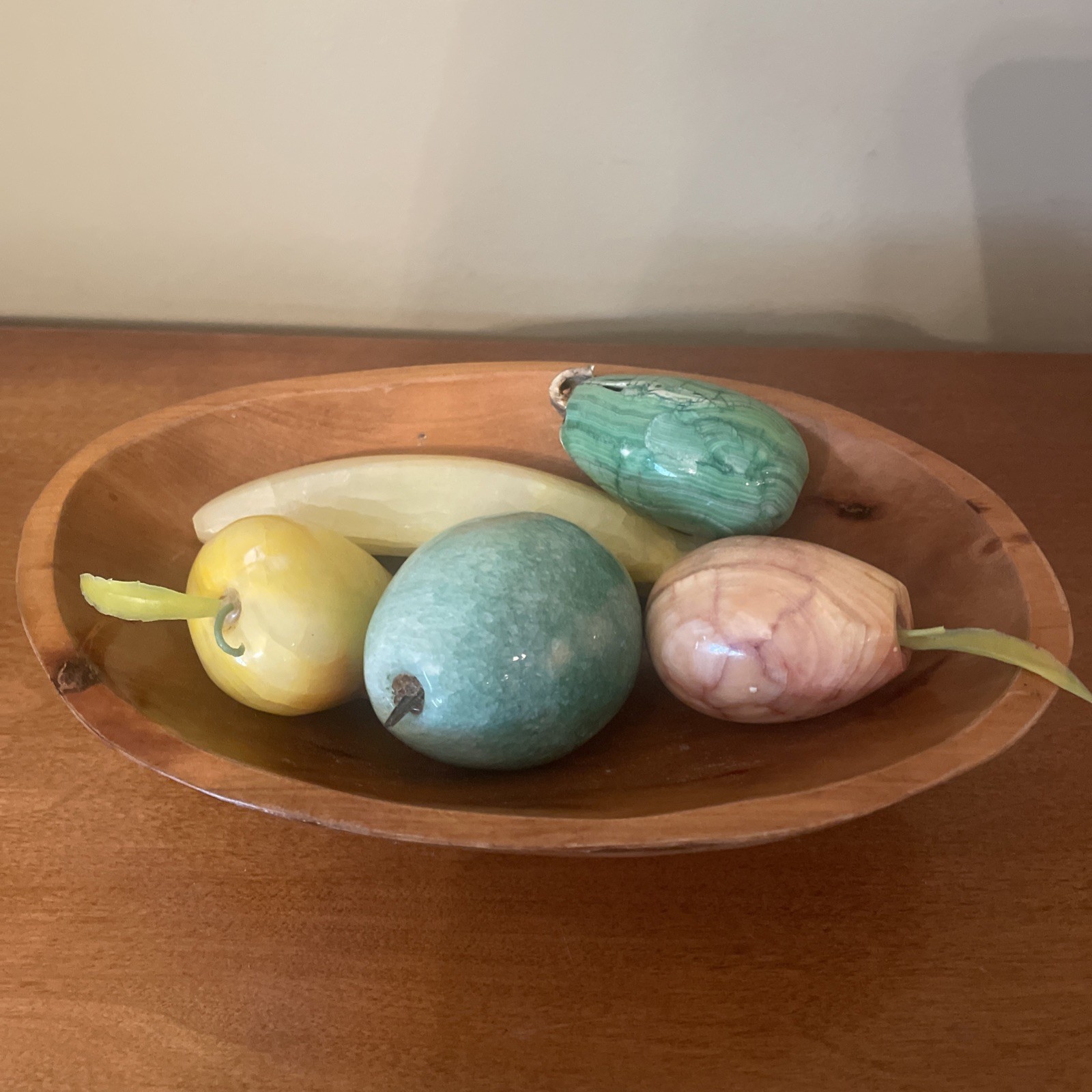 Vintage Polished Italian Marble/Stone Fruits Set Of 5 In Wooden Bowl 8x5”