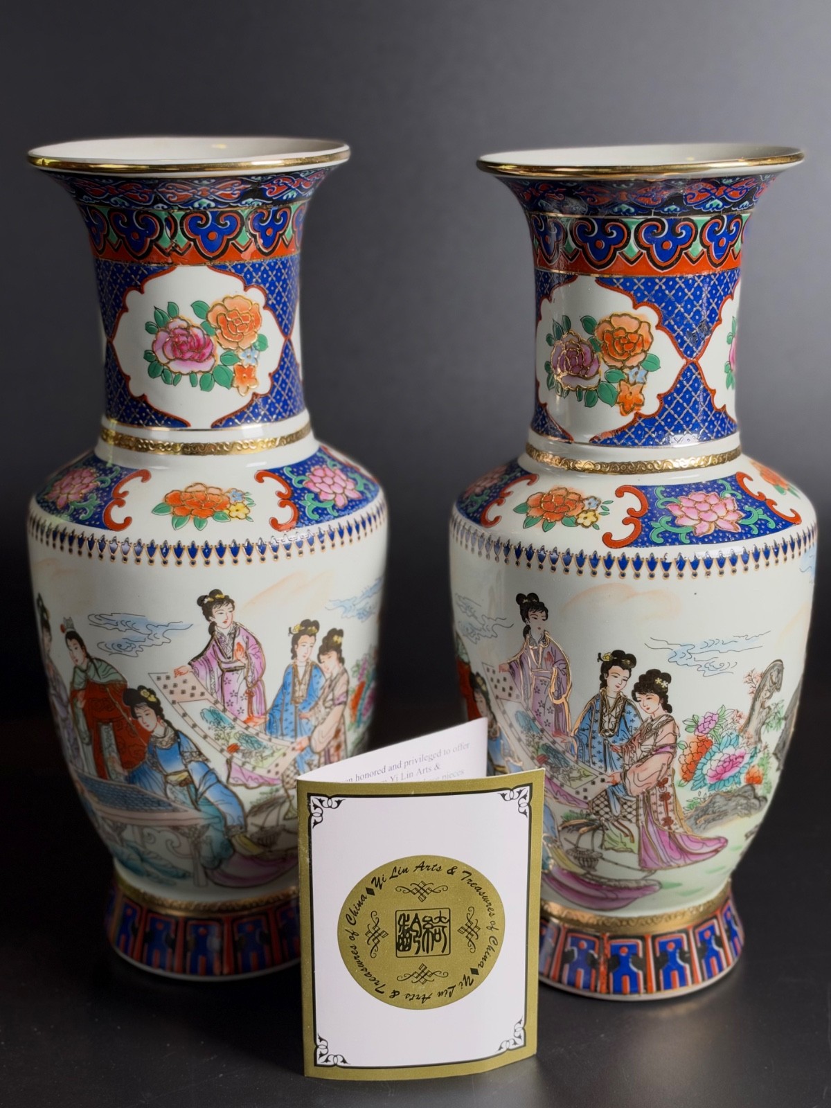 Chinese Vases Hand Painted with Gold Trim with Stands-Includes Original box