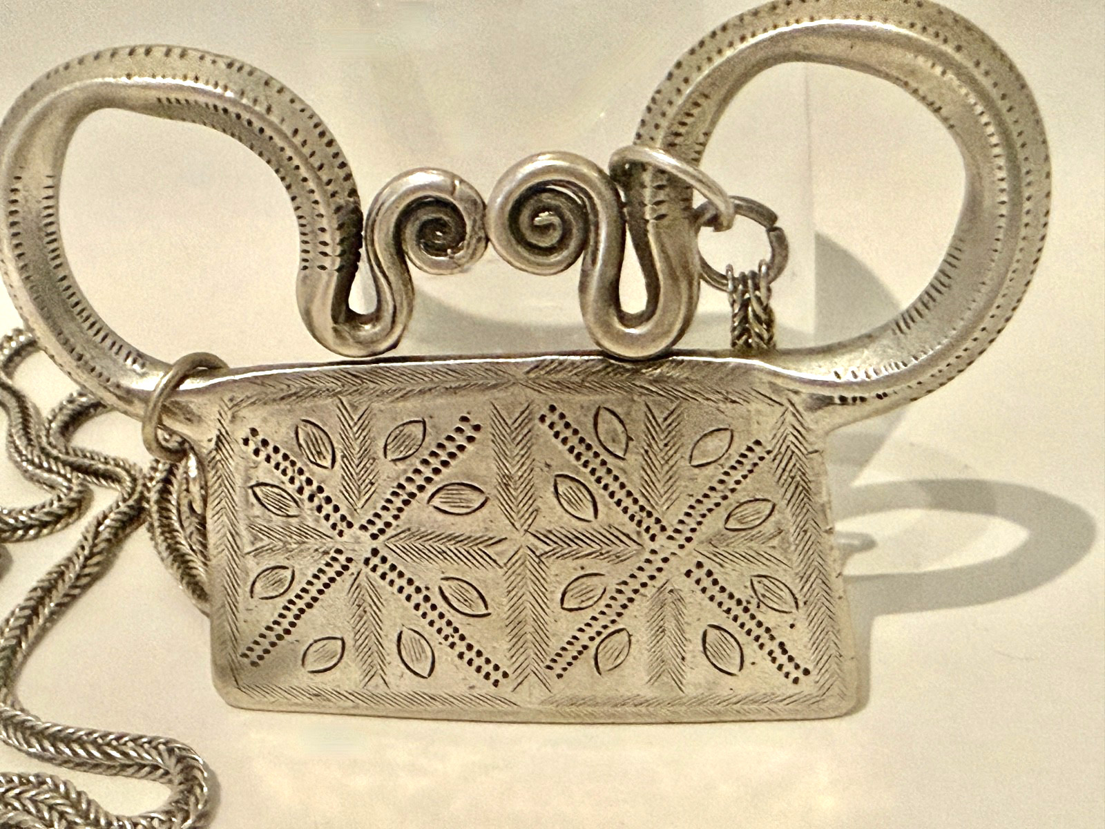 Antique Hmong Silver Soul Lock Large Pendant & Chain 19th century.