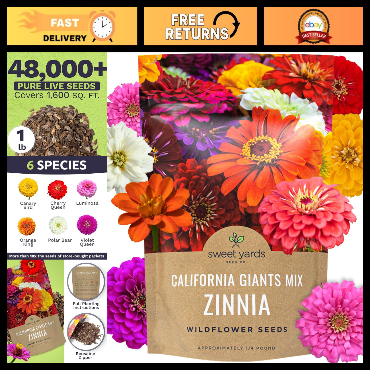 Bulk Zinnia Seeds - California Giants Mix - 1 lb Bag, 48,000+ Colorful Flower Se