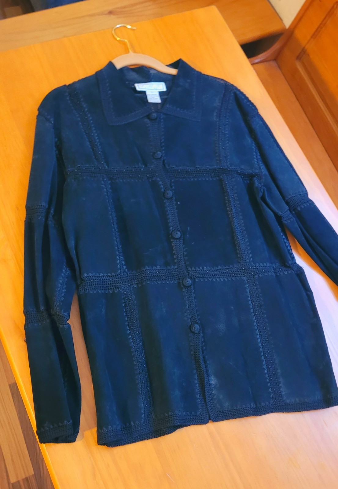 VINTAGE - S.M.H. Boutique Black Suede Leather & Crochet w/ Beads Jacket Blazer L