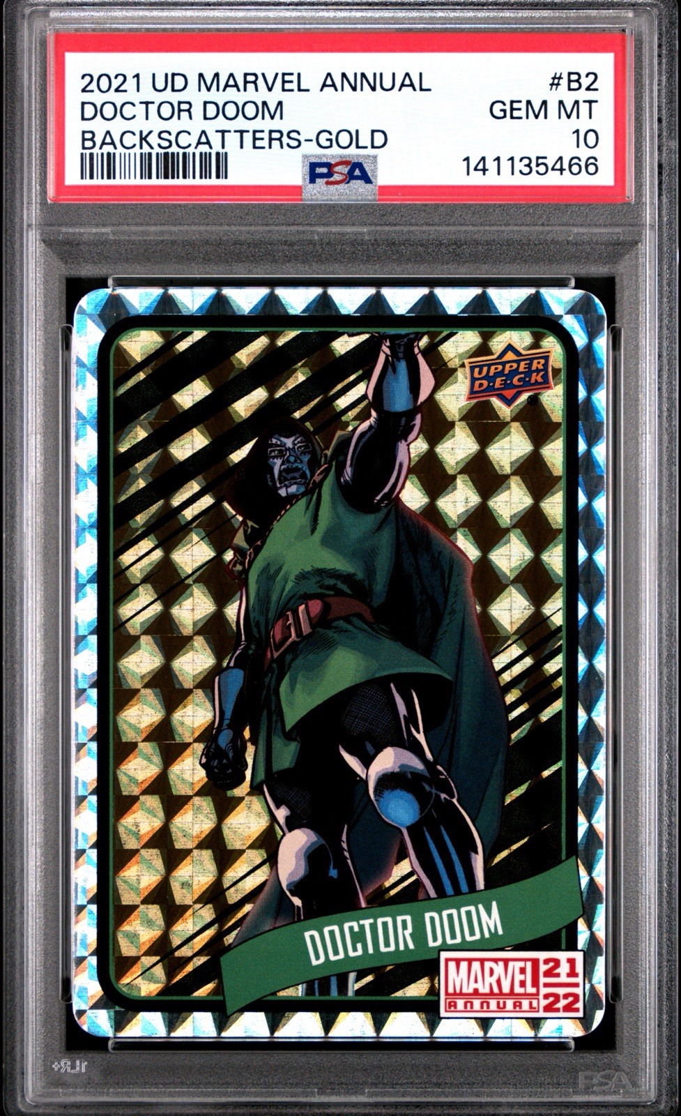 Upper Deck 2021-22 Marvel Annual Doctor Doom Backscatters Gold #B2 PSA 10 Upper Deck 2021-22 Marvel Annual Doctor Doom Backscatters Gold #B2 PSA 10