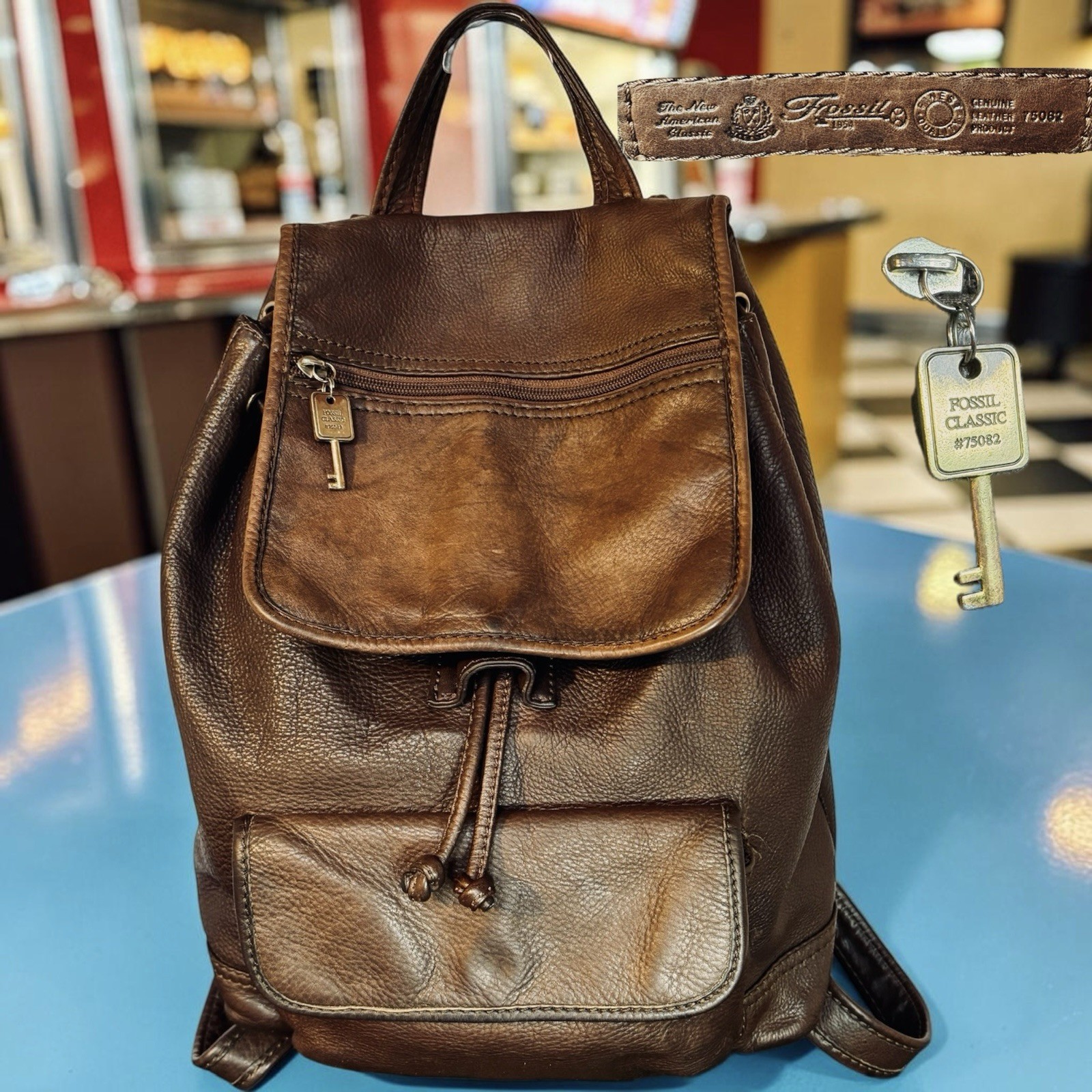90s Fossil Long Live Vintage Brown Leather Backpack Rucksack 75082