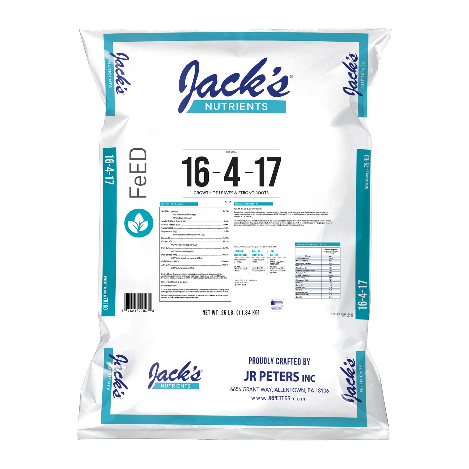Jack\'s Nutrients 16-4-17 Hydroponic Fertilizer for Vegetative Growth, 25lbs