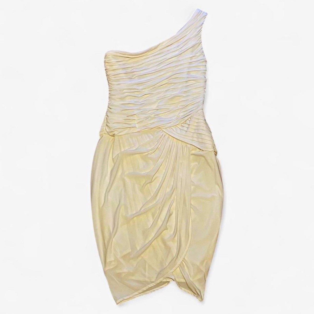BCBGMAXAZRIA Ivory One-Shoulder Asymmetric Ruched Pleated Sheath Dress S BCBGMAXAZRIA Ivory One-Shoulder Asymmetric Ruched Pleated Sheath Dress S