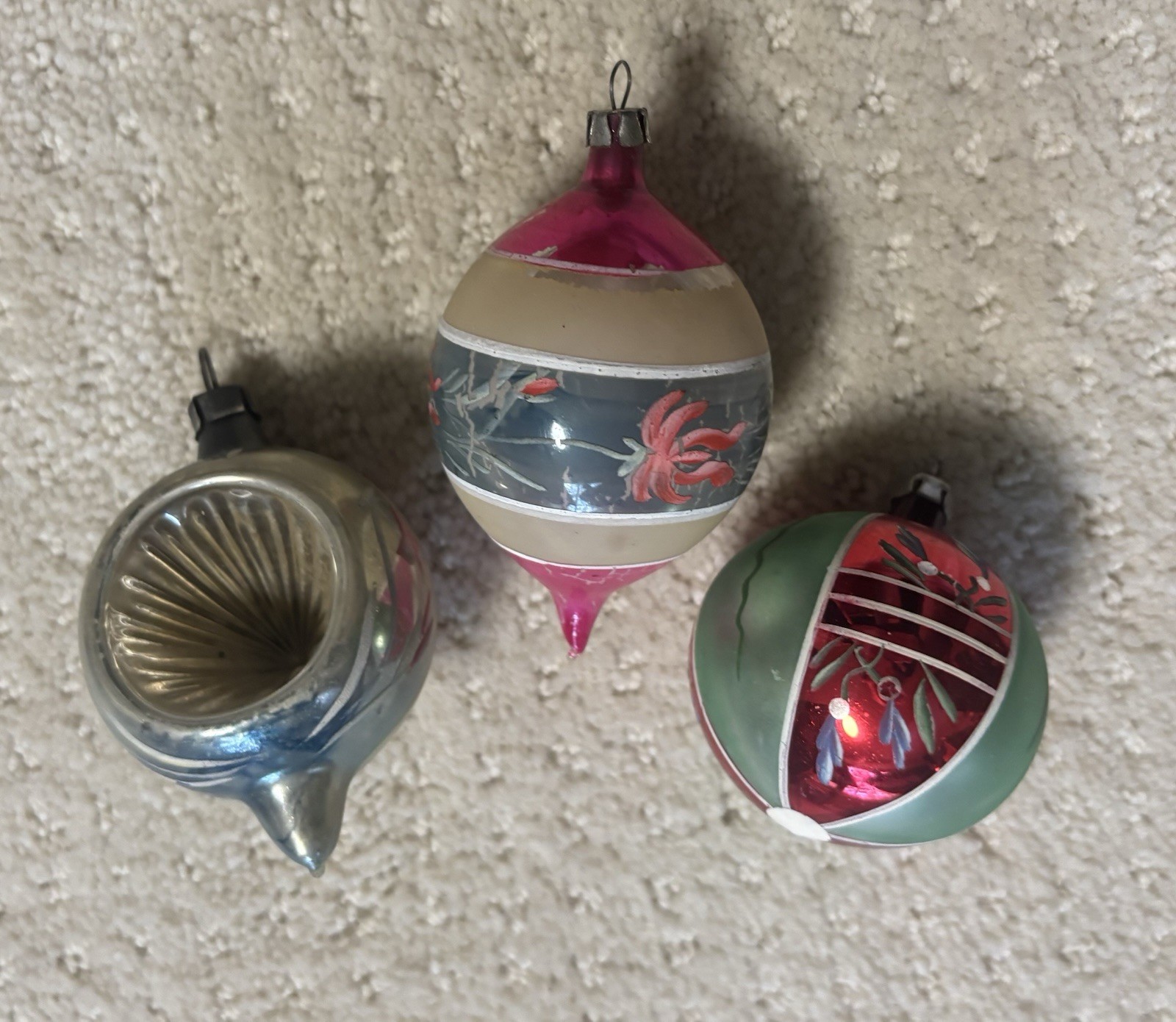3 Antique Vintage Poland Blown & Painted Glass Ornaments 3 Antique Vintage Poland Blown & Painted Glass Ornaments