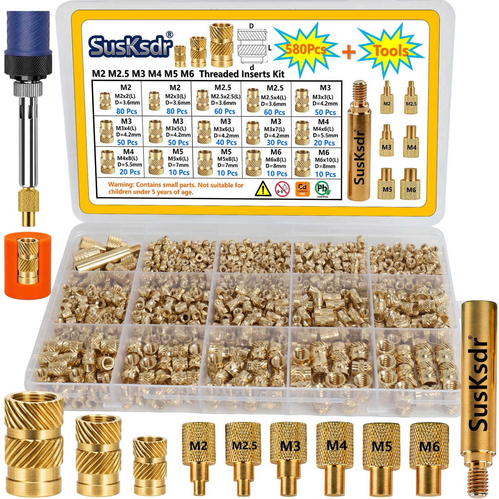 580+7PCS Heat Set Threaded Inserts Kit, M2, M2.5, M3, M4, M5, M6, brass color 580+7PCS Heat Set Threaded Inserts Kit, M2, M2.5, M3, M4, M5, M6, brass color