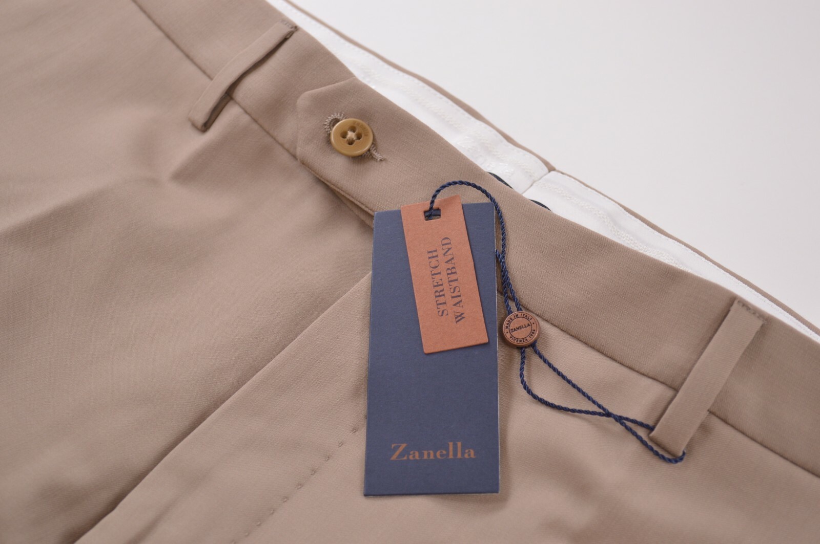 Zanella NWT Dress Pants Size 36 In Solid Khaki Tan Wool Devon Stretch Waist 