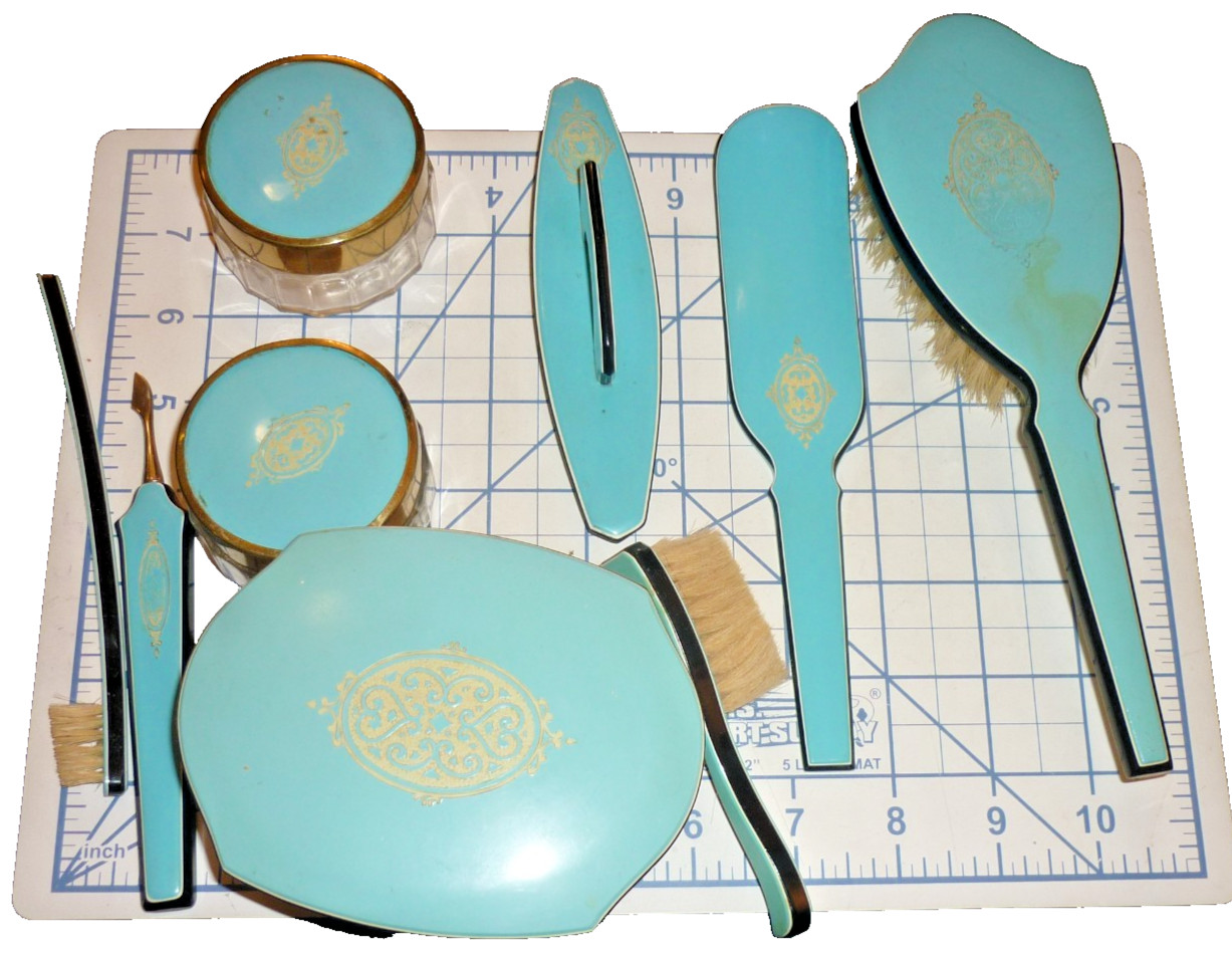VTG 1920s Art Deco Turquoise Blue Celluloid Vanity Dresser Set Jars Brushes Buff VTG 1920s Art Deco Turquoise Blue Celluloid Vanity Dresser Set Jars Brushes Buff