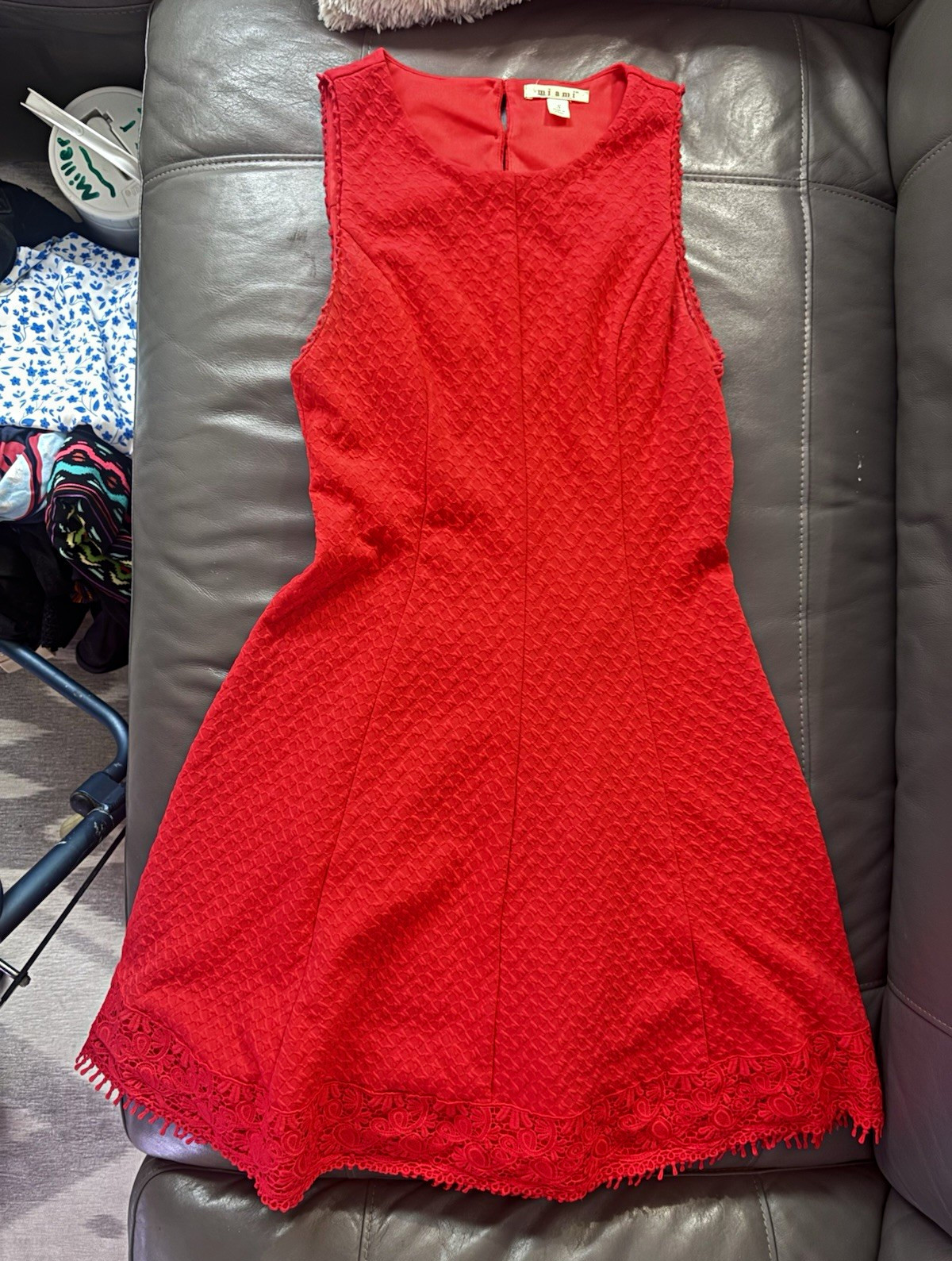 Miami Red A-Line Knee Length Dress Sleeveless Round Neck Lace Hem Zip S Miami Red A-Line Knee Length Dress Sleeveless Round Neck Lace Hem Zip S