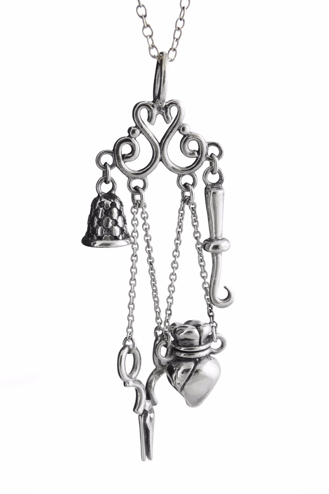 Chatelaine Sewing Pendant Necklace - 925 Sterling Silver - Victorian Replica 