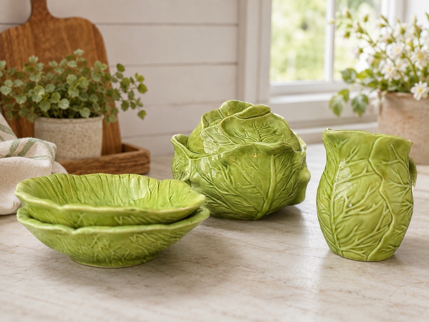 Vintage Holland Mold Green Cabbageware Lettuce Ware Tureen Bowls Pitcher Set