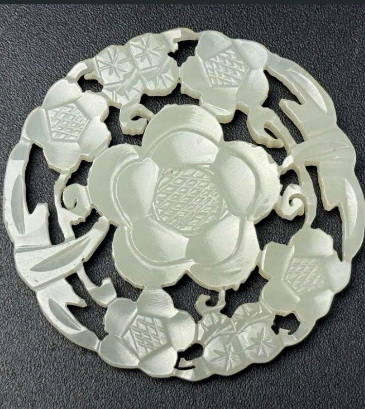 Antique Qing White Jade Carved Floral Openwork Round Charm Pendant, Flower Theme