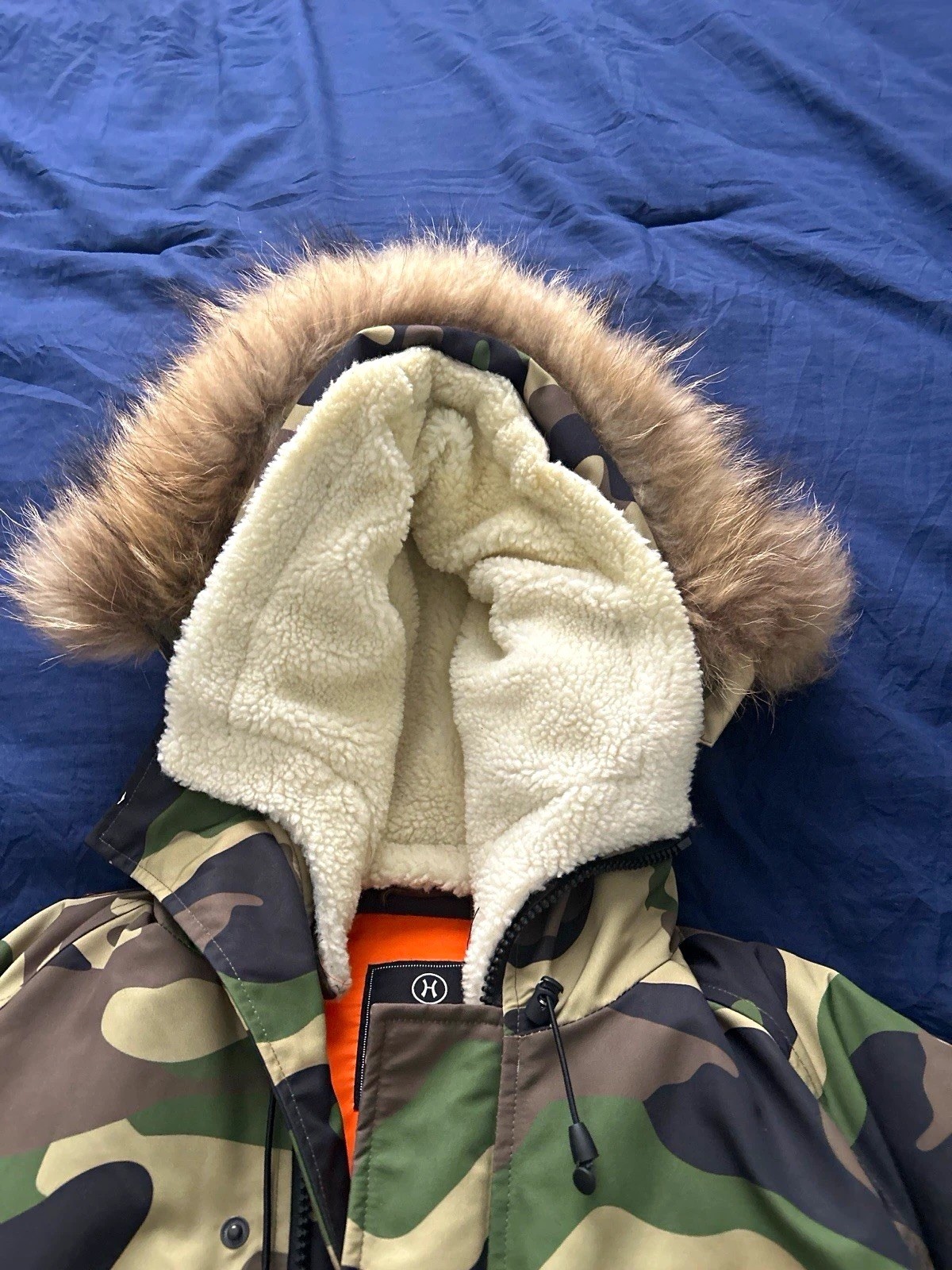 HUDSON NASA Camo Hooded Bomber Jacket Faux Fur Trim Men\'s L HUDSON NASA Camo Hooded Bomber Jacket Faux Fur Trim Men\'s L