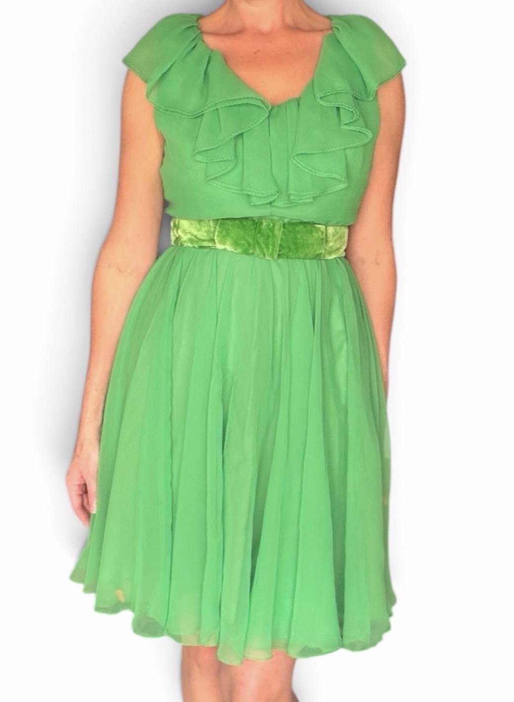 Vintage Miss Elliette Green Chiffon Ruffle Collar Flowy Skirt Party Dress Sz M*