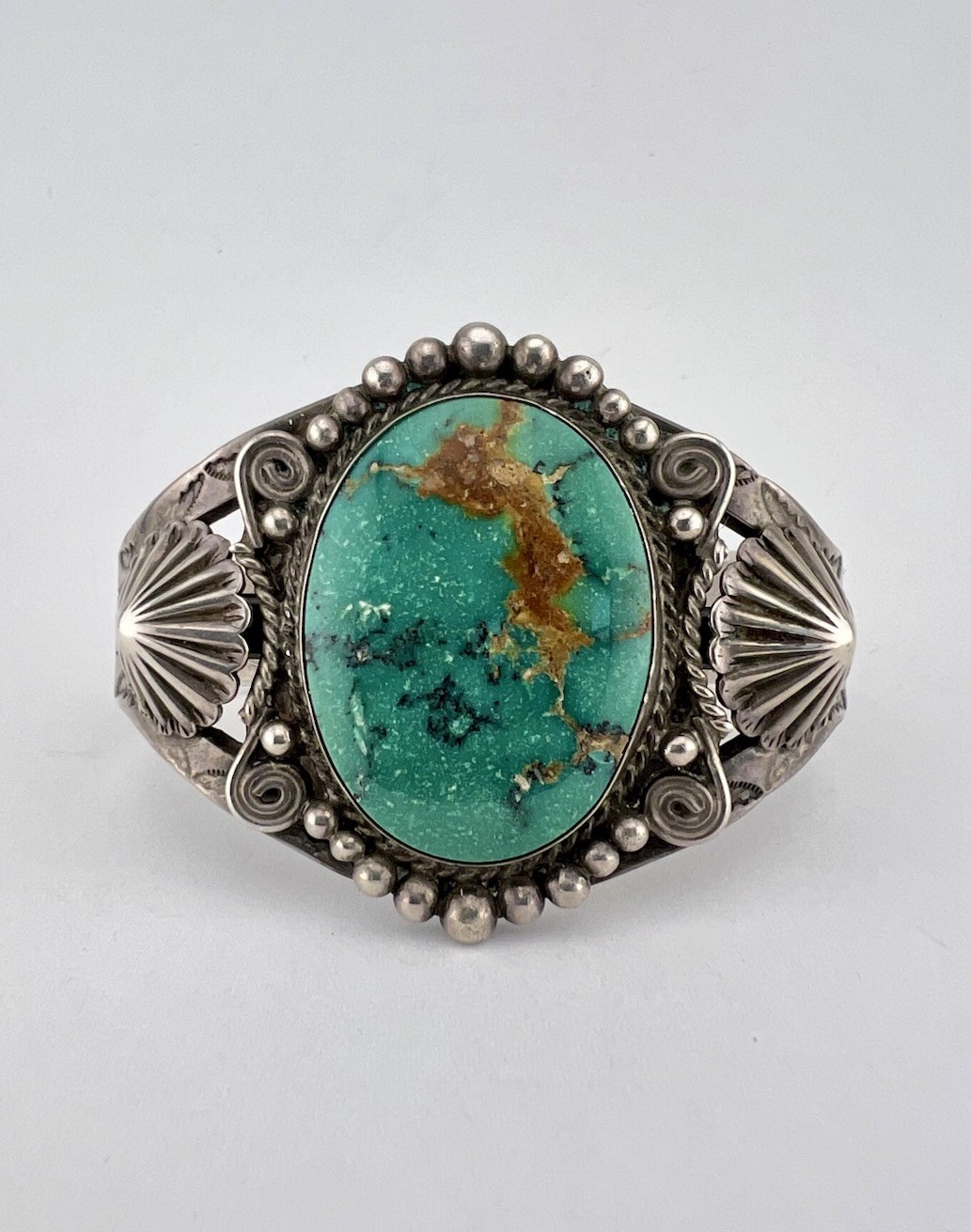 OLD Fred Harvey Navajo Sterling Silver Cerrillos Turquoise Stamped Cuff Bracelet