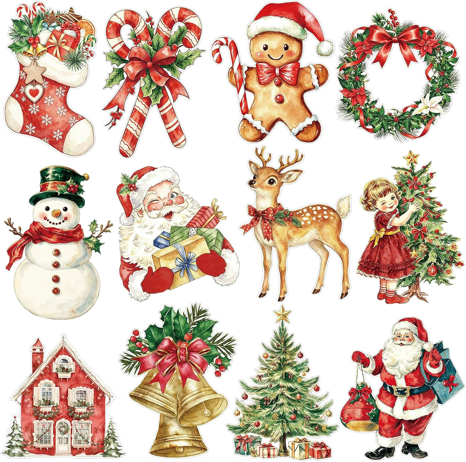 Large Vintage Christmas Cutouts Retro Santa Claus Snowman Decorations 12Pcs