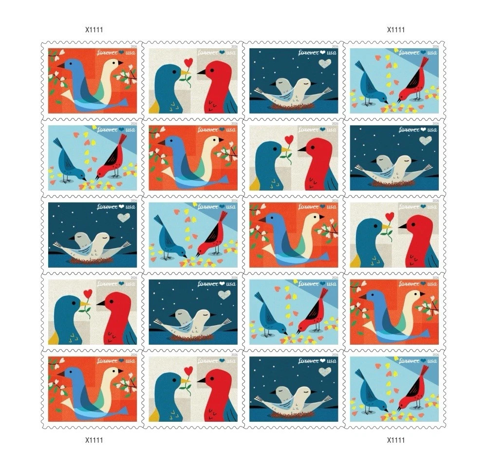 USPS LOVE BIRDS SHEET OF 100 FIRST CLASS LETTER STAMPS USPS LOVE BIRDS SHEET OF 100 FIRST CLASS LETTER STAMPS
