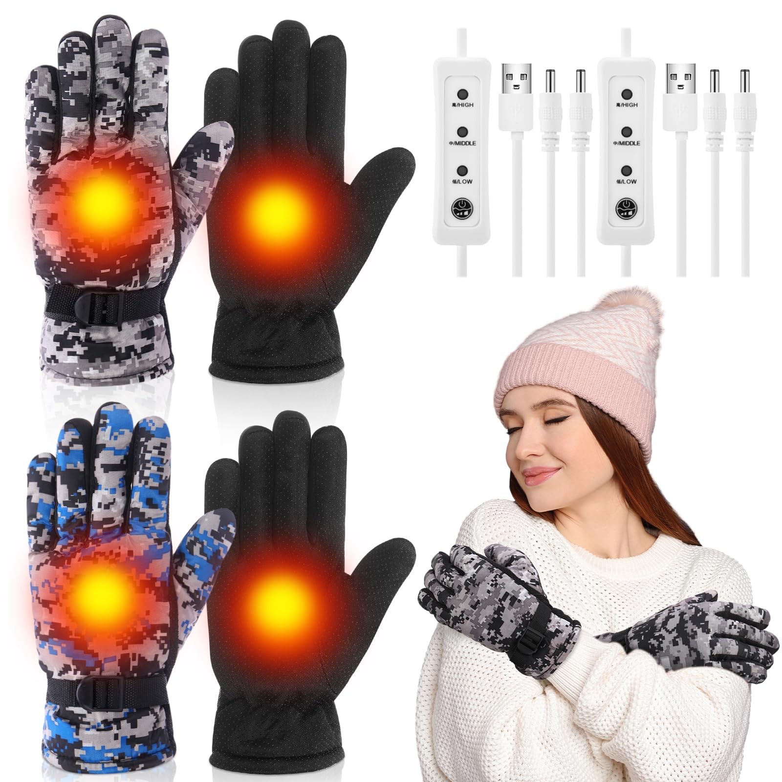 Mepase 2 Pairs USB Heated Winter Warm Touchscreen Unisex Waterproof with 3 Mepase 2 Pairs USB Heated Winter Warm Touchscreen Unisex Waterproof with 3