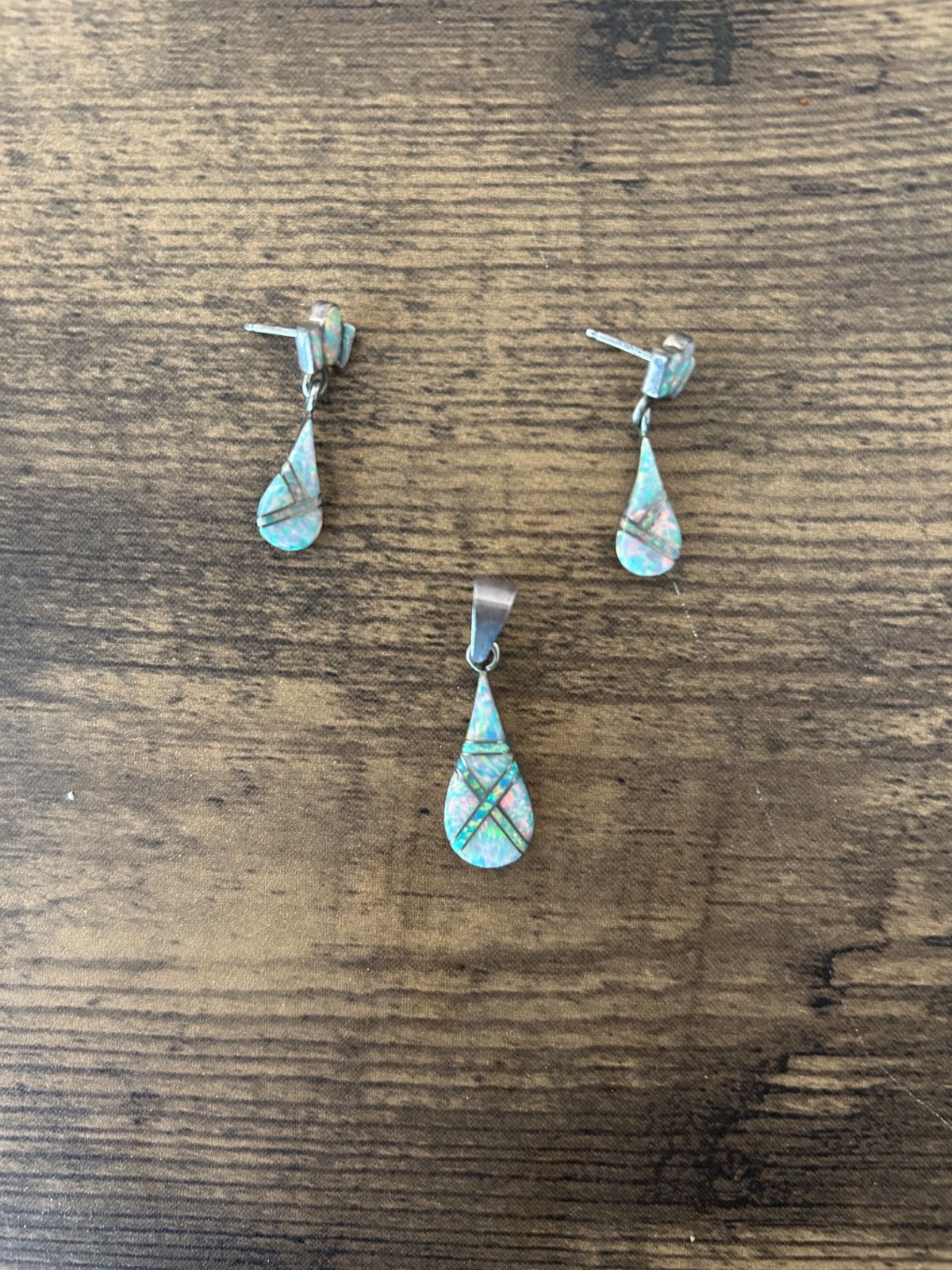 Vtg Navajo Sterling Silver Opal Inlay Pendant Earrings Set Roger Skeet Jr
