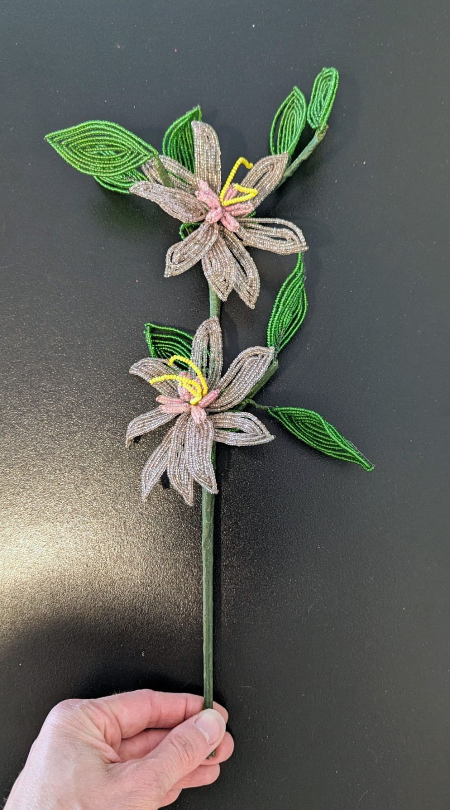 Long stem of Vintage French beaded flowers - Grayish Champagne Pink Petals Long stem of Vintage French beaded flowers - Grayish Champagne Pink Petals