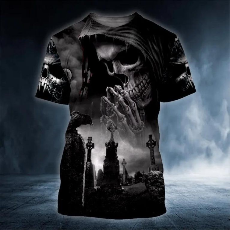 Praying Grim Reaper In Graveyard Skull 3D T Shirt, Skull T Shirts Mens