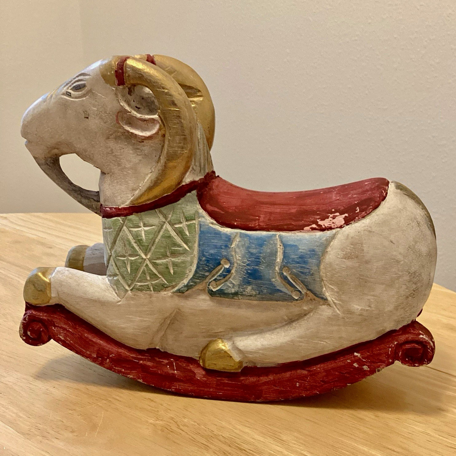Vintage Mid-Century Folk Art Carved Wooden Table Top Rocking Ram 11” X 8”