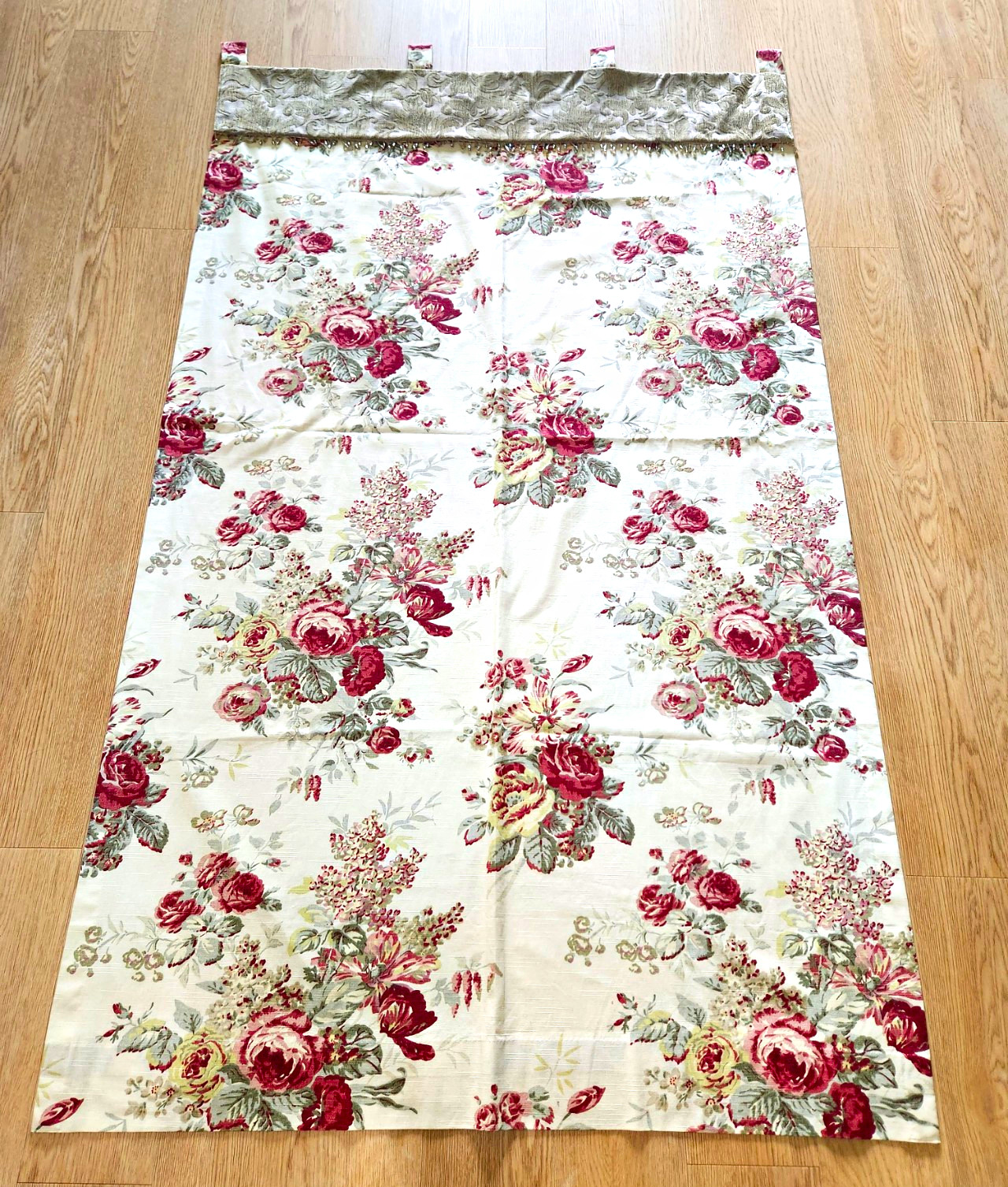 Vintage Waverly Norfolk Cabbage Rose Floral & Sage Lined Curtains w/ Tabs Beads