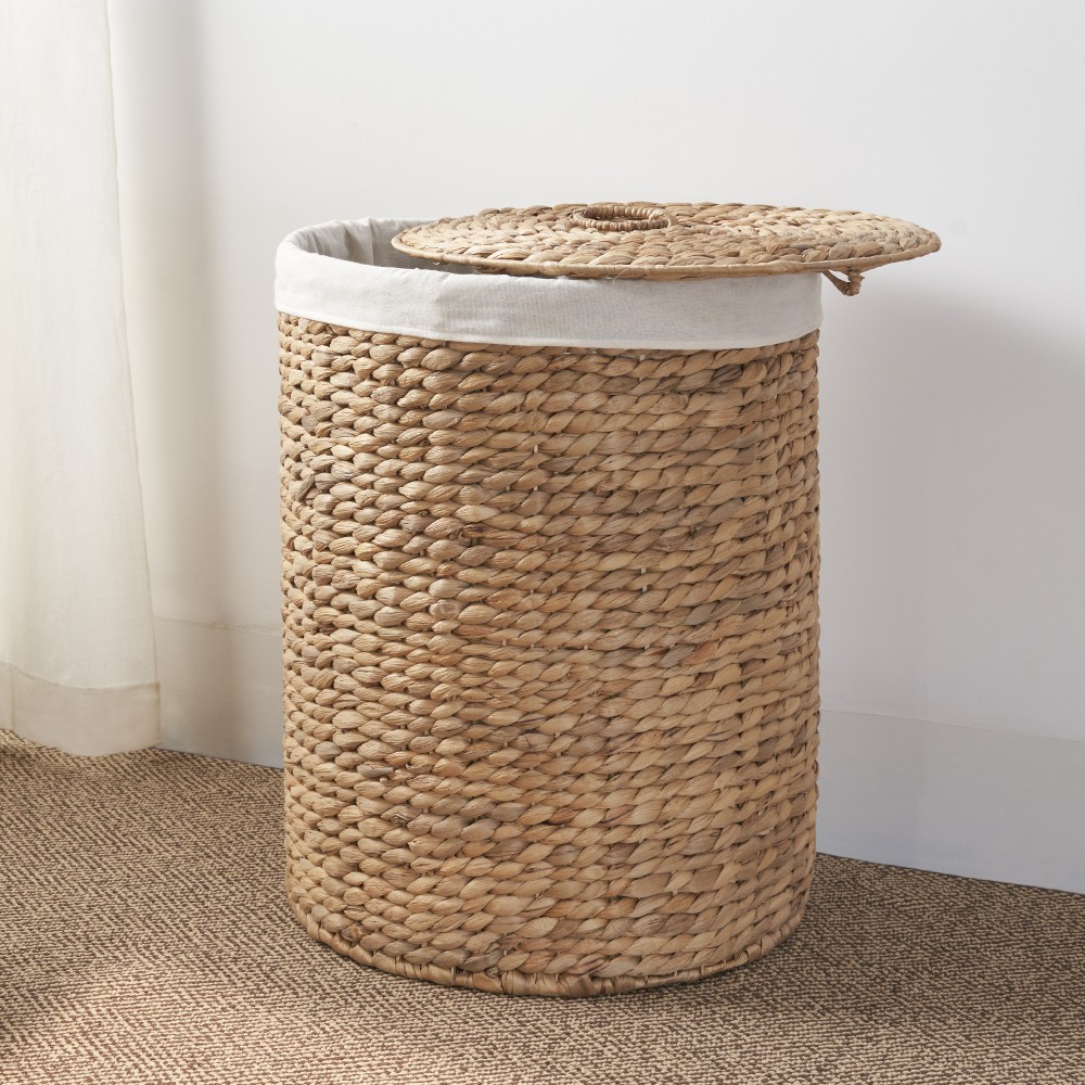 Round Tall Water Hyacinth Woven Wicker Laundry Hamper with Lid For Clothes Brown