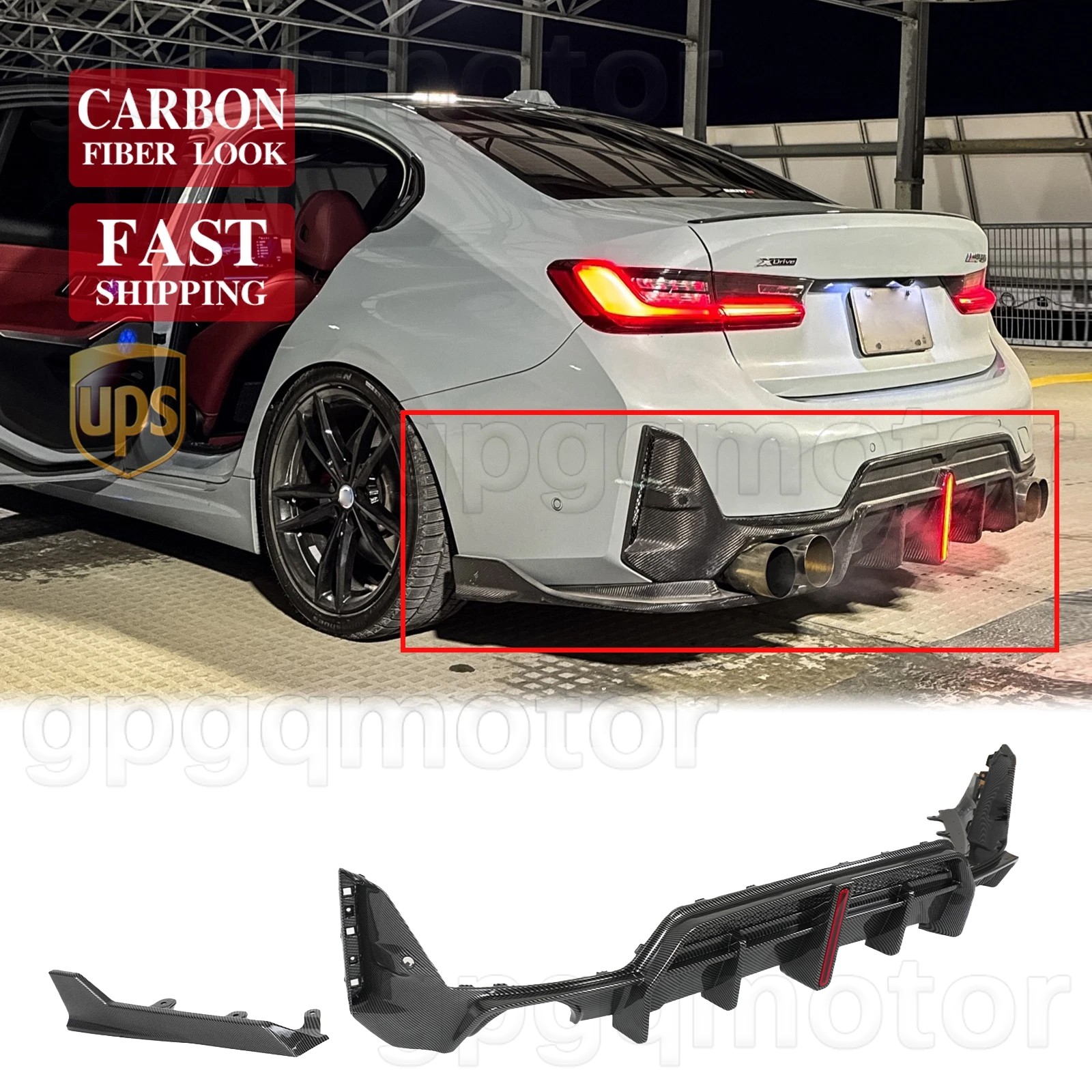 For BMW G20 LCI 330i M340I 2023-2026 Carbon Fiber Rear Bumper Diffuser With LED