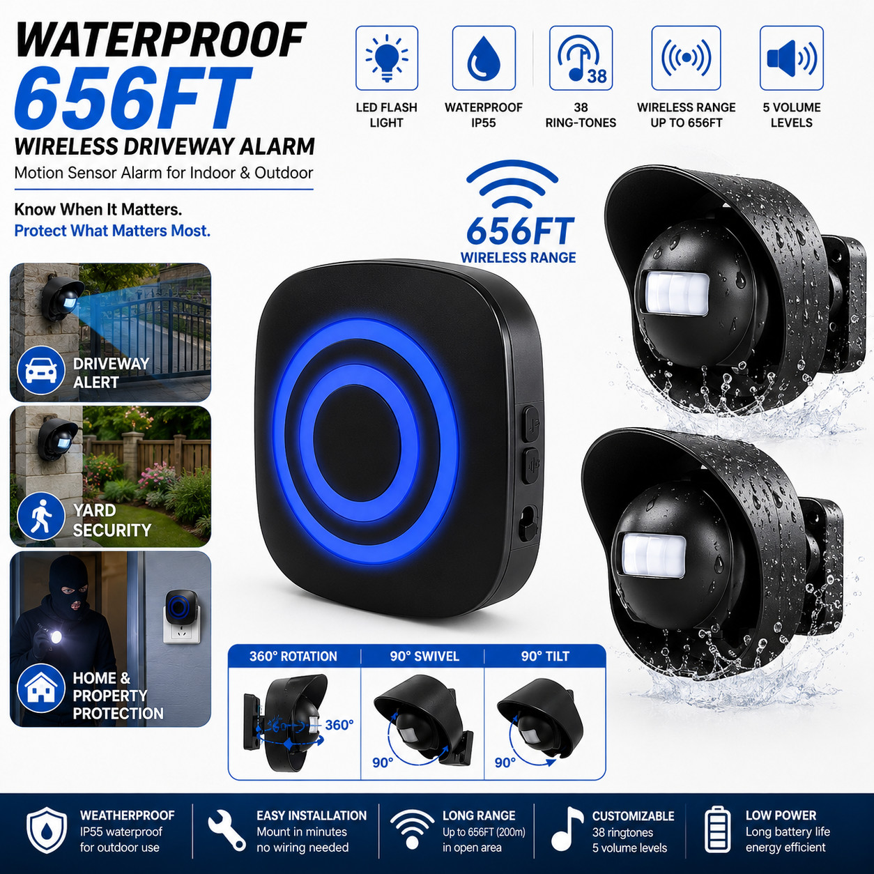 H2C8 Waterproof 656ft Wireless Driveway Alarm Motion Sensor Alarm Indoor Outdoor H2C8 Waterproof 656ft Wireless Driveway Alarm Motion Sensor Alarm Indoor Outdoor
