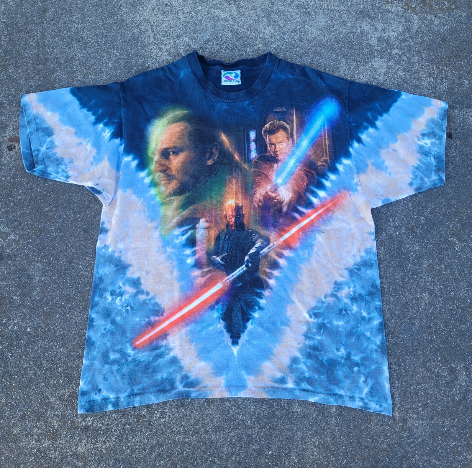 Vintage 90s Liquid Blue LARGE Tie Dye Star Wars Ep 1 Phantom Menace T Shirt Vintage 90s Liquid Blue LARGE Tie Dye Star Wars Ep 1 Phantom Menace T Shirt