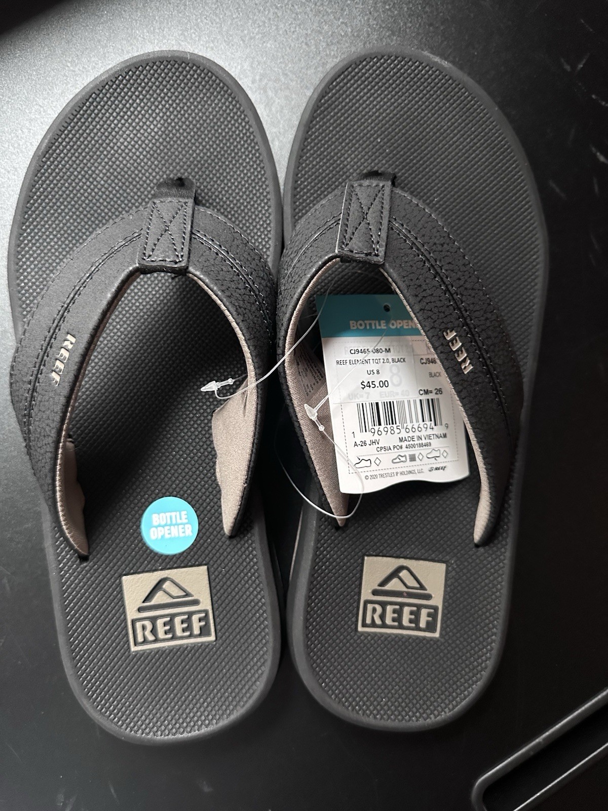 Men’s Reef Element Flip Flop, Bottle Opener, Black, Sz 8, 9, 10, or 11 Men’s Reef Element Flip Flop, Bottle Opener, Black, Sz 8, 9, 10, or 11
