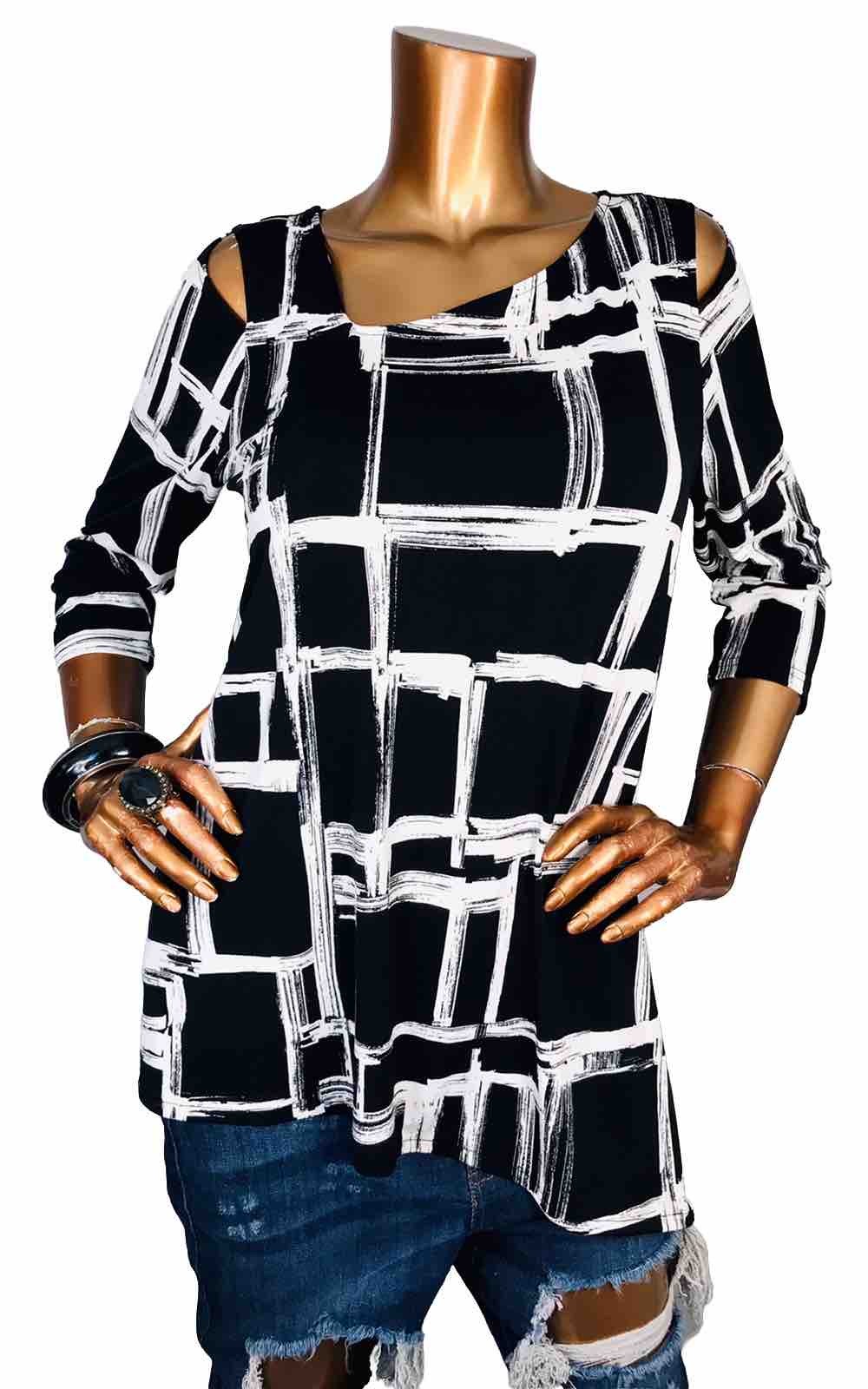 Alfani XL Petite Top Stretch NWT Black White Asymmetric Tunic Blouse 3/4 Sleeves