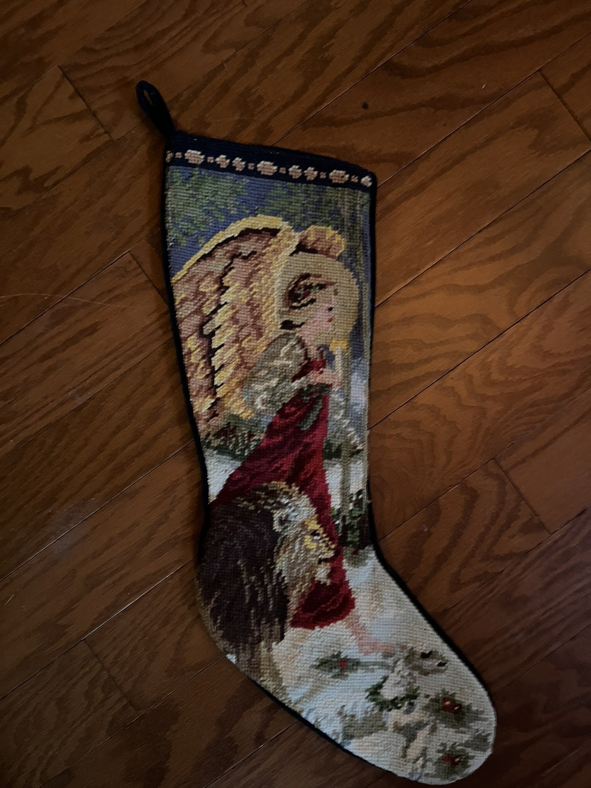 VTG Victorian Needlepoint Christmas Stocking Angel Flowers Red Velvet Back 22\ VTG Victorian Needlepoint Christmas Stocking Angel Flowers Red Velvet Back 22\