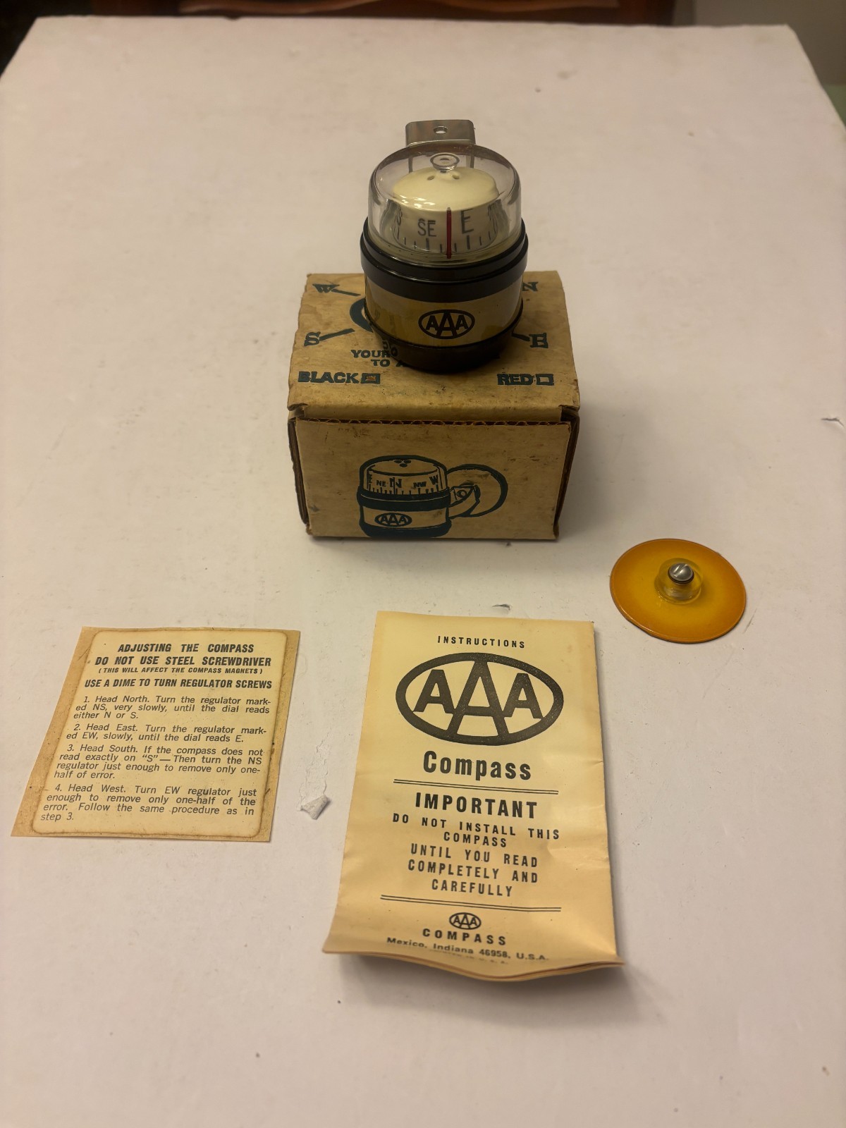 NOS Vintage Black AAA Dash Mount Compass with Box, Instructions, Bracket