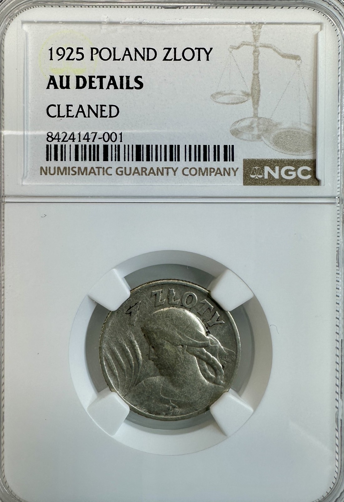 1925 Poland Silver 1 Zloty Coin | Woman Wheat | Y# 15 | NGC AU Details Vintage
