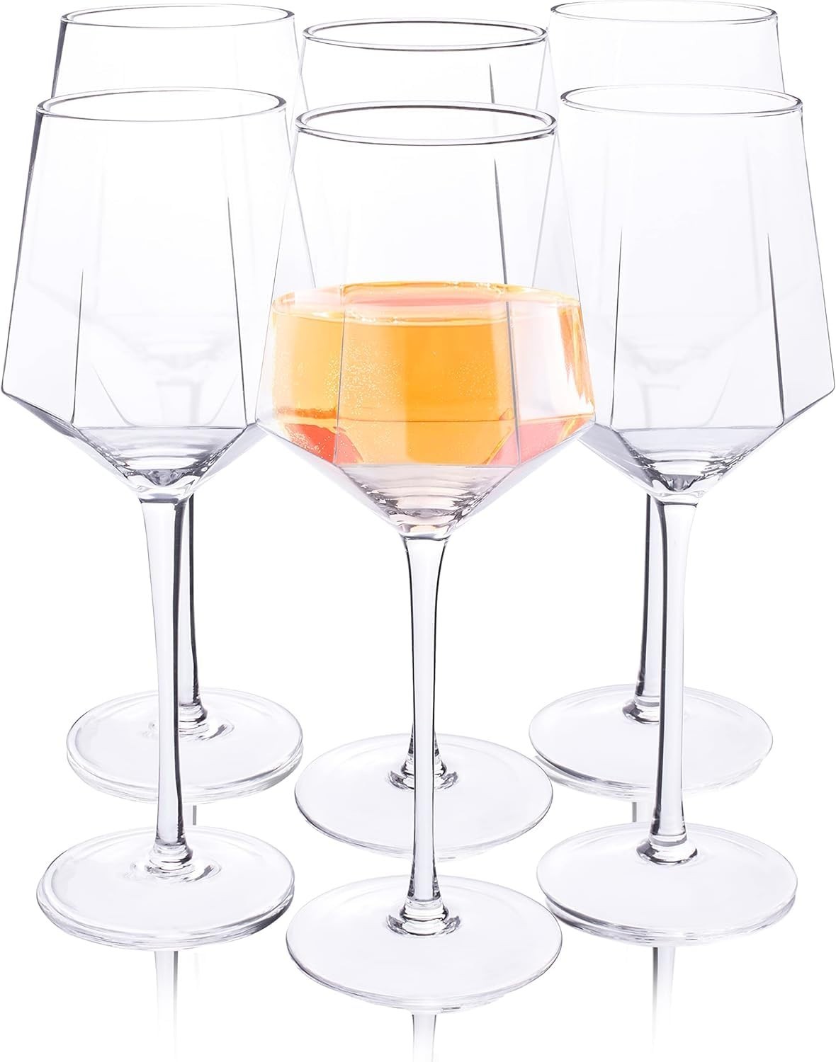 Hexagon Crystal Wine Glasses Set of 6 14oz Long Stem Hand Blown Lead-Free Gift