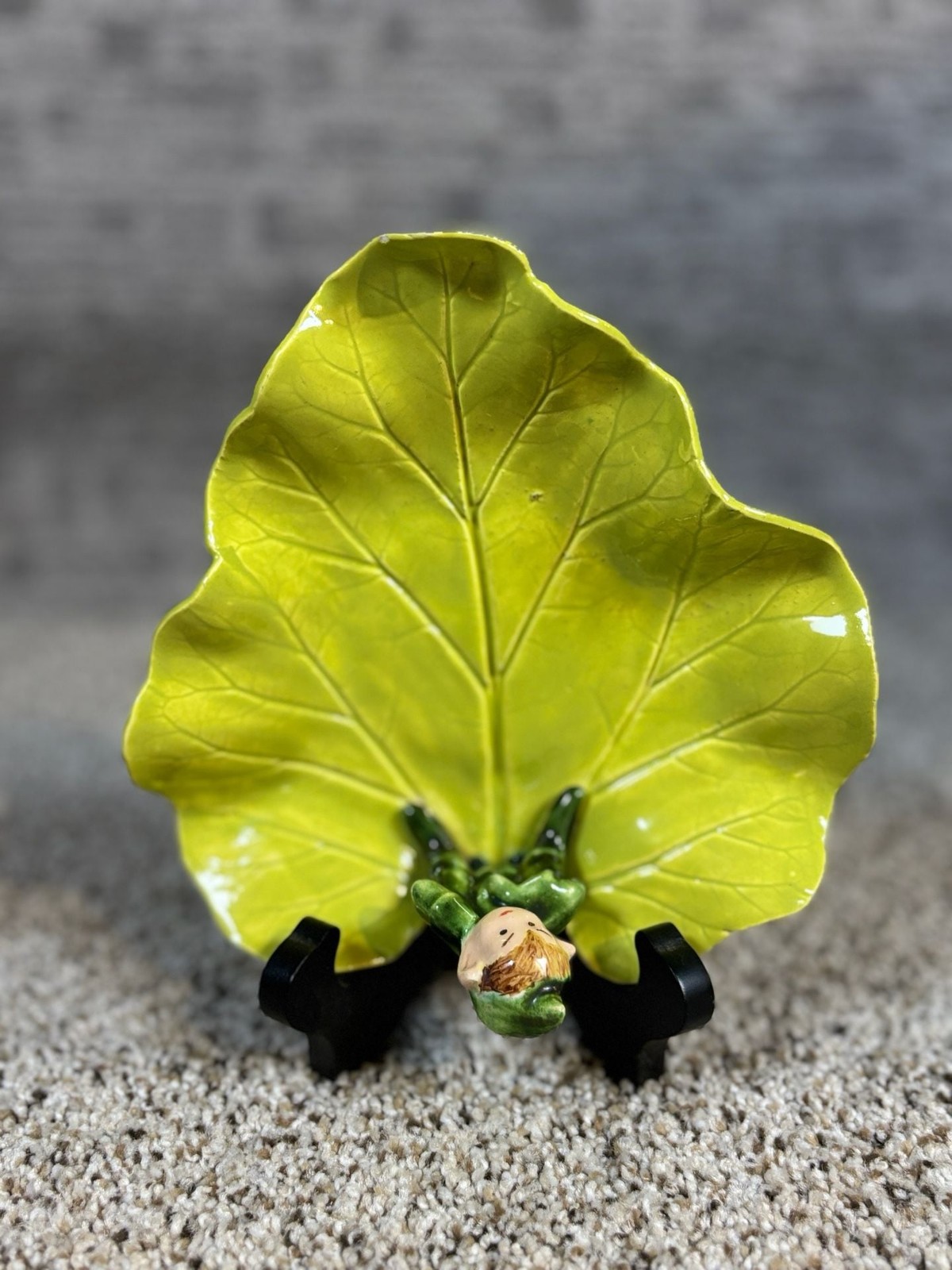 Vintage Handcrafted Ceramic Green Leaf w/Pixie Elf Figurine Sign Laura Maize 51 Vintage Handcrafted Ceramic Green Leaf w/Pixie Elf Figurine Sign Laura Maize 51