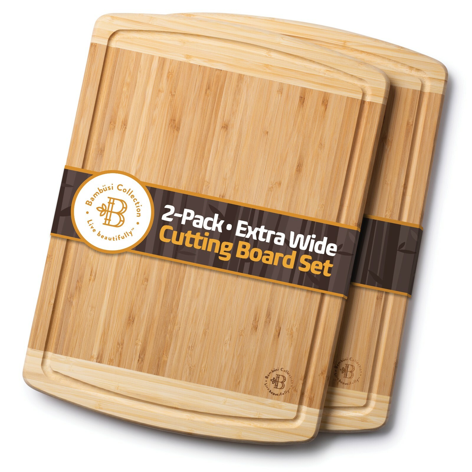 Premium Thick Bamboo Cutting Board Set of 2-Juice Grooves. By Bambusi Premium Thick Bamboo Cutting Board Set of 2-Juice Grooves. By Bambusi