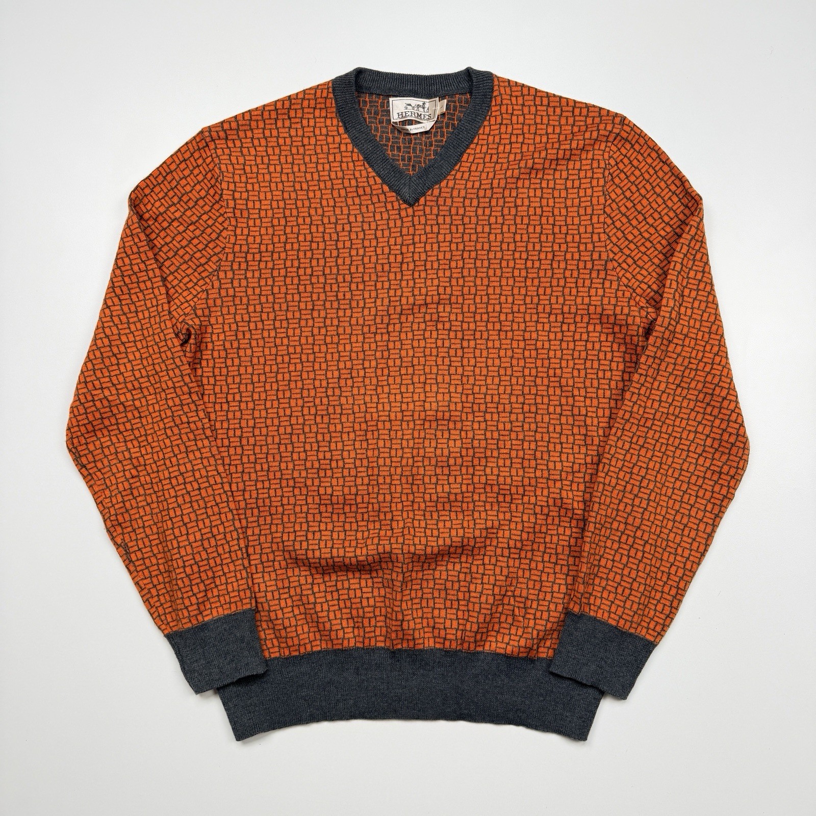 Vintage Hermes Geometric V-Neck Silk Wool Knit Sweater Mens Large Orange France