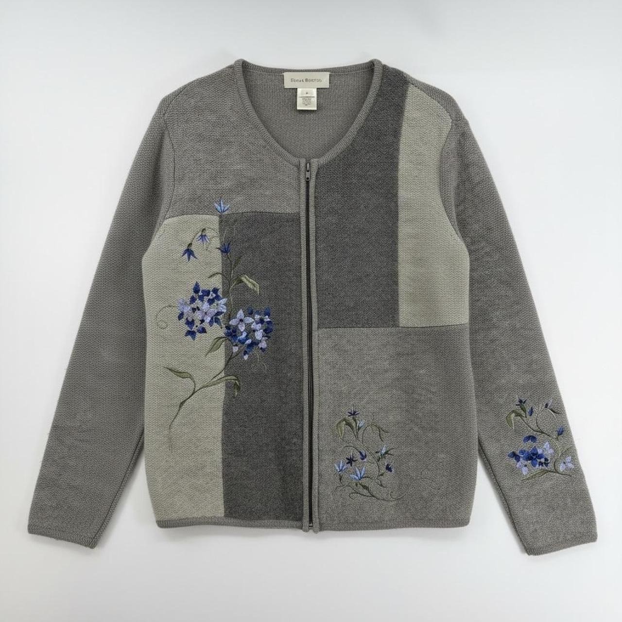 Susan Bristol Vintage 2001 Wool Cardigan Grey Floral Embroidered Y2K Large Susan Bristol Vintage 2001 Wool Cardigan Grey Floral Embroidered Y2K Large