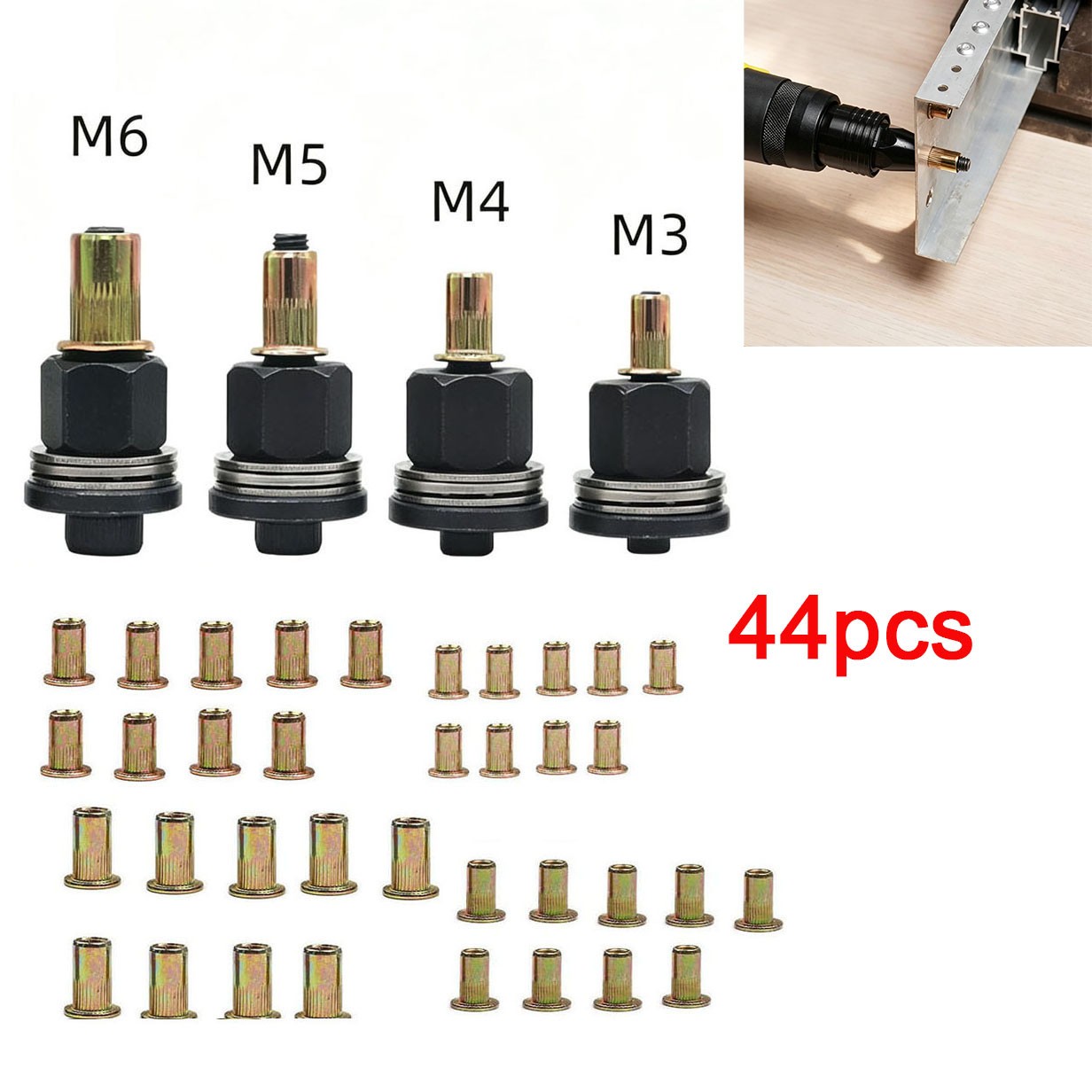 44pcs Manual Rivet Nut Tool Kit M3-M6 Carbon Steel Nutsert Set for Drill Wrench