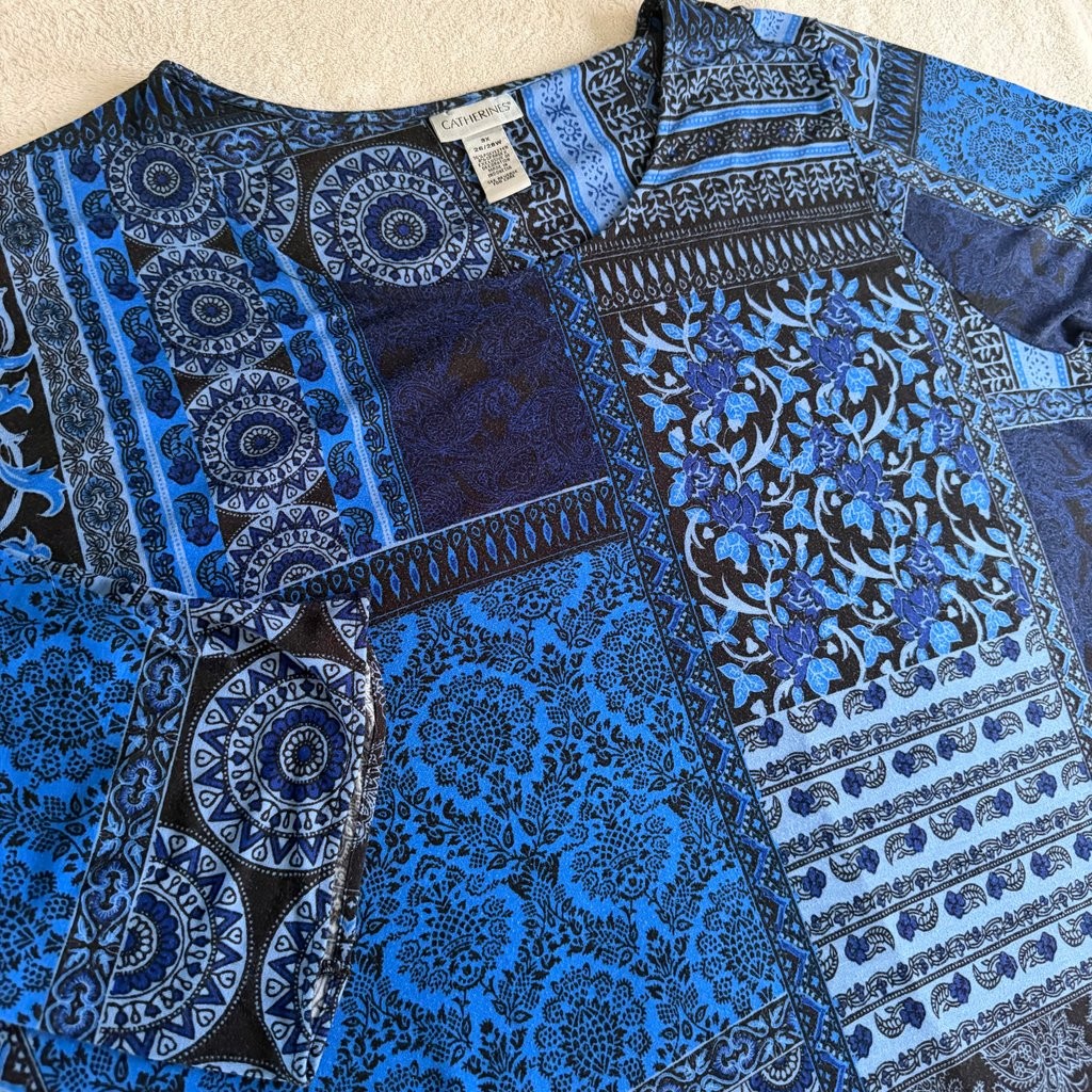 Catherines Women\'s Plus Size Blue Patterned Top with Crochet Hem Catherines Women\'s Plus Size Blue Patterned Top with Crochet Hem