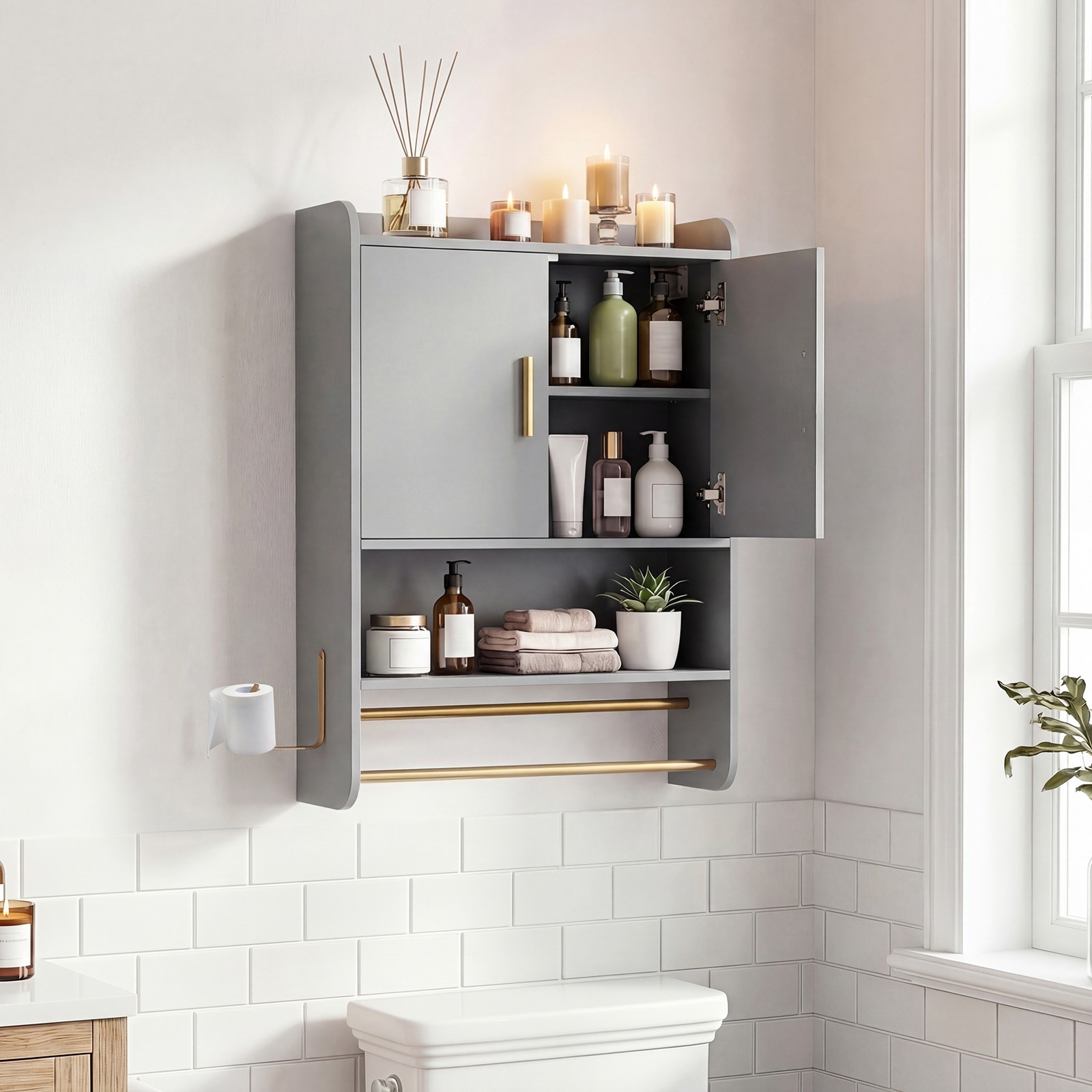 Bathroom Wall Cabinet w/Towel Bars Toilet Paper Holder Open Shelves for Laundry
